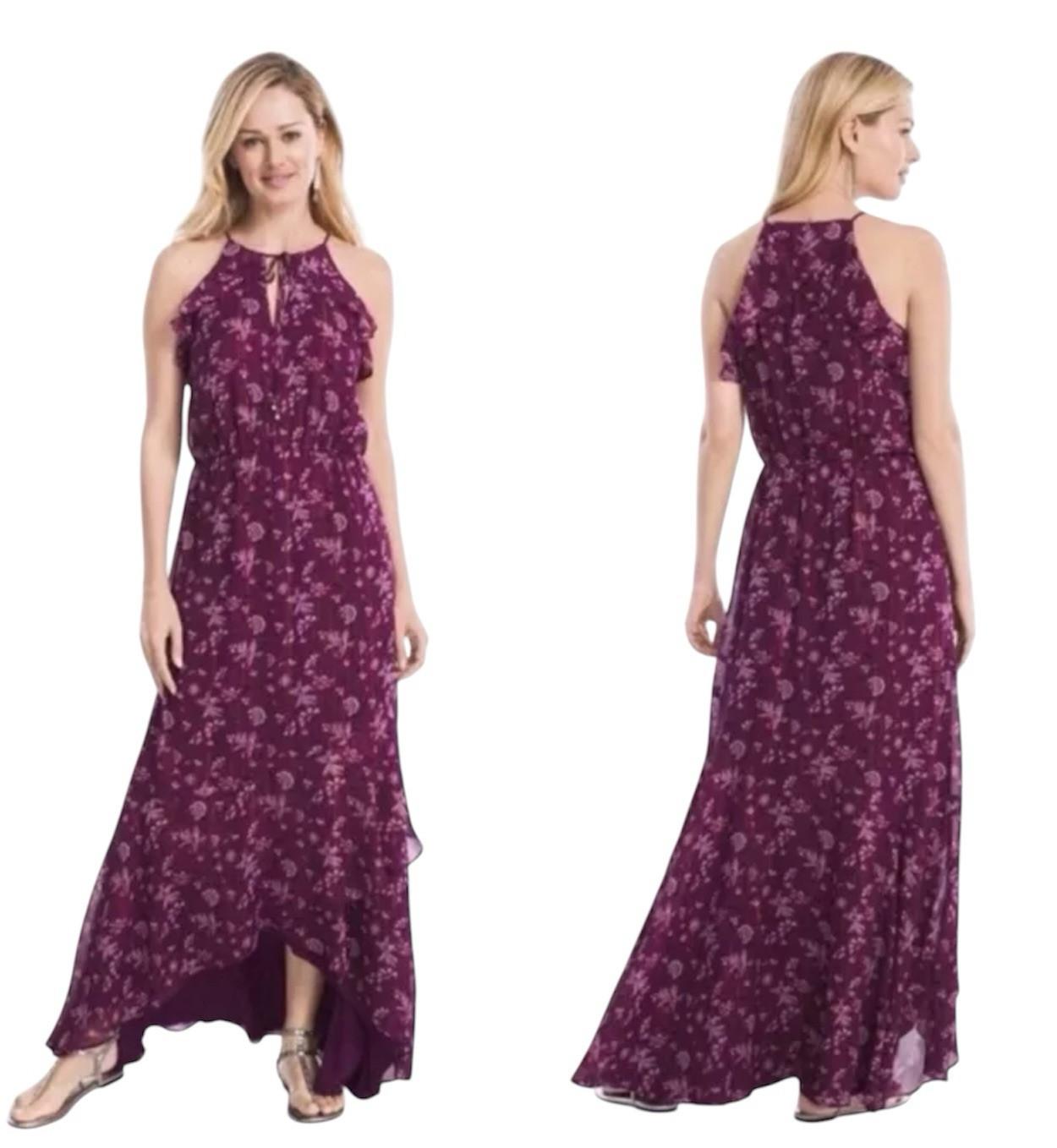 White House Black Market Ruffle Floral Maxi Dress 2 Purple Sleeveless Chiffon