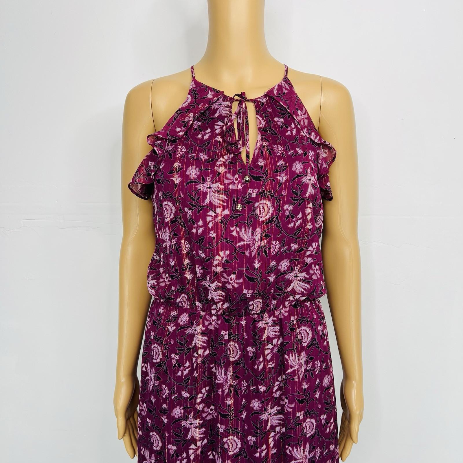 White House Black Market Ruffle Floral Maxi Dress 2 Purple Sleeveless Chiffon