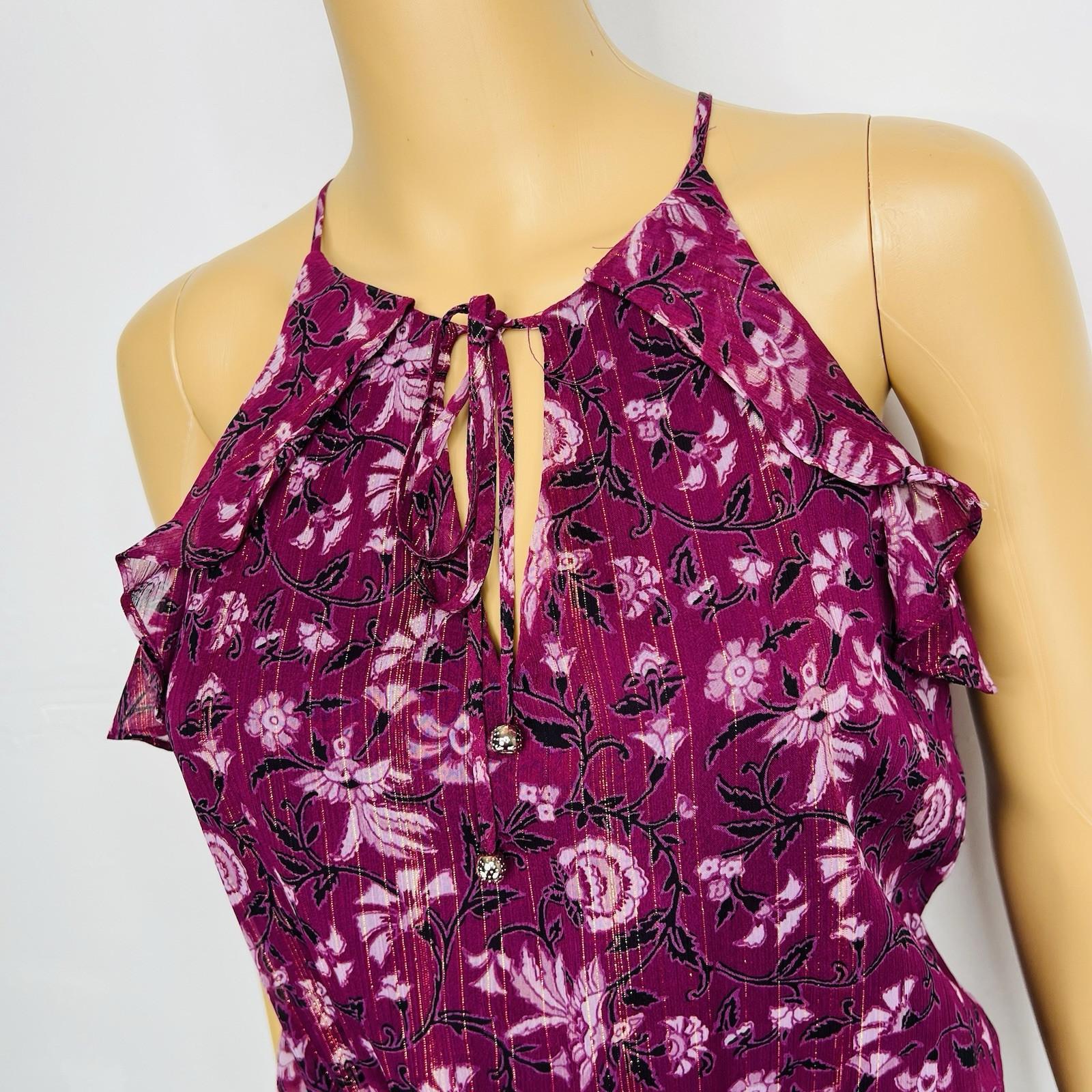 White House Black Market Ruffle Floral Maxi Dress 2 Purple Sleeveless Chiffon