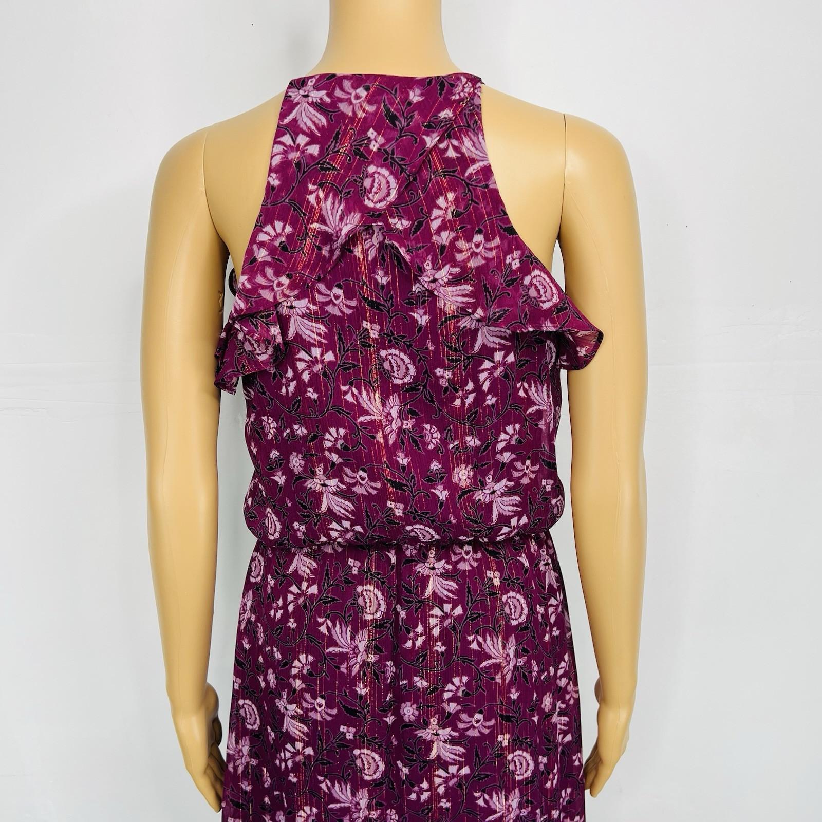 White House Black Market Ruffle Floral Maxi Dress 2 Purple Sleeveless Chiffon