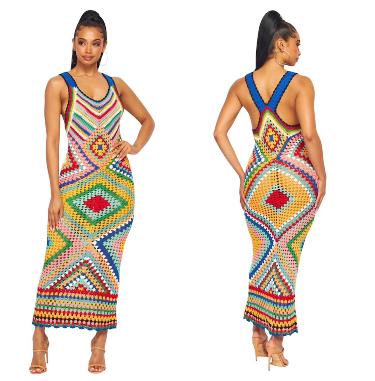 No 1 Los Angeles Crochet Maxi Dress Multicolor Size L Diamond Knit Quadricor