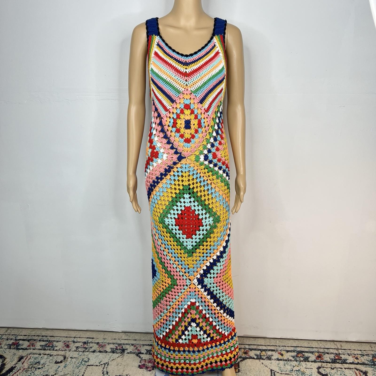 No 1 Los Angeles Crochet Maxi Dress Multicolor Size L Diamond Knit Quadricor