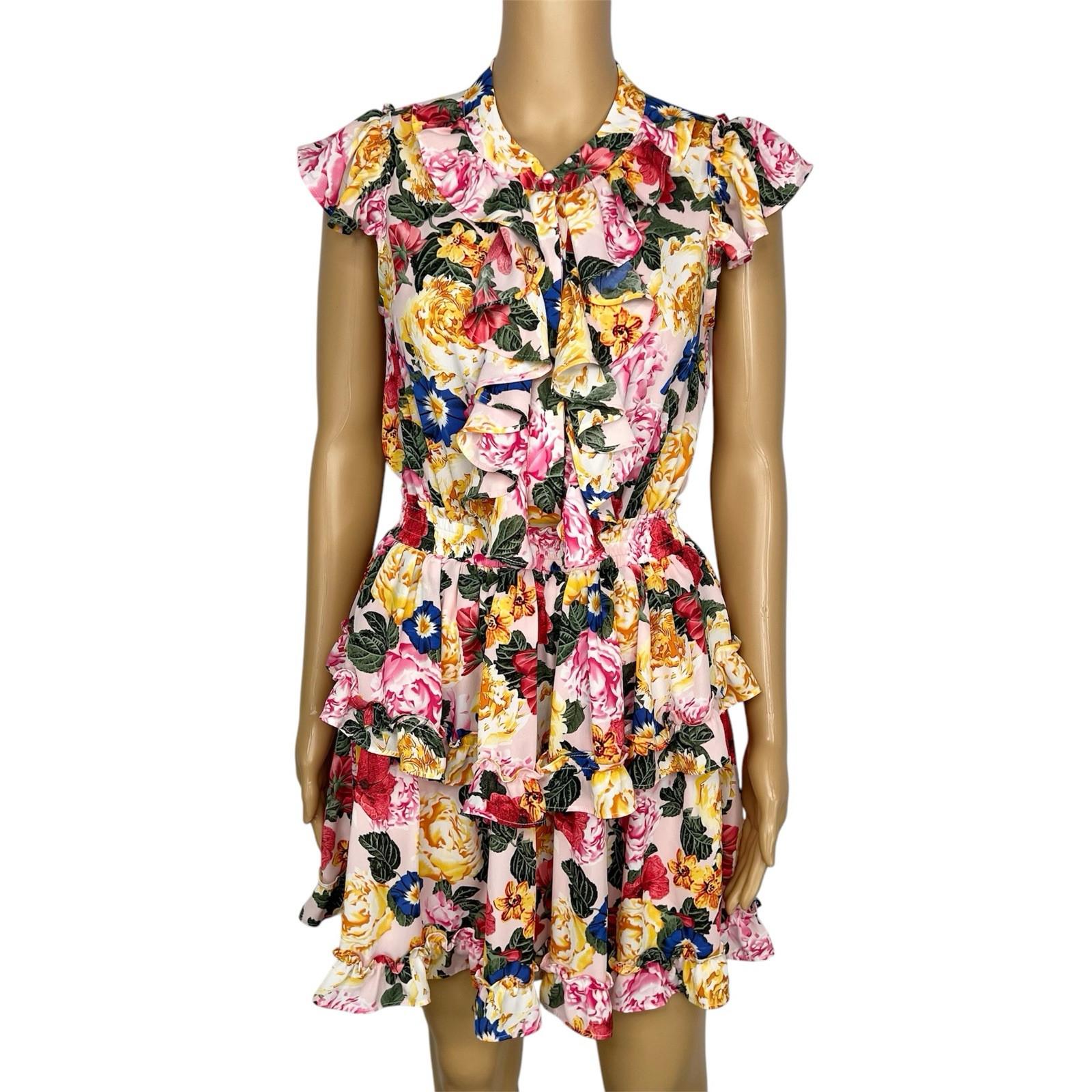 BuddyLove Mini Dress S Multi Ruffle Smocked Waist Floral Tiered Swing Prairie