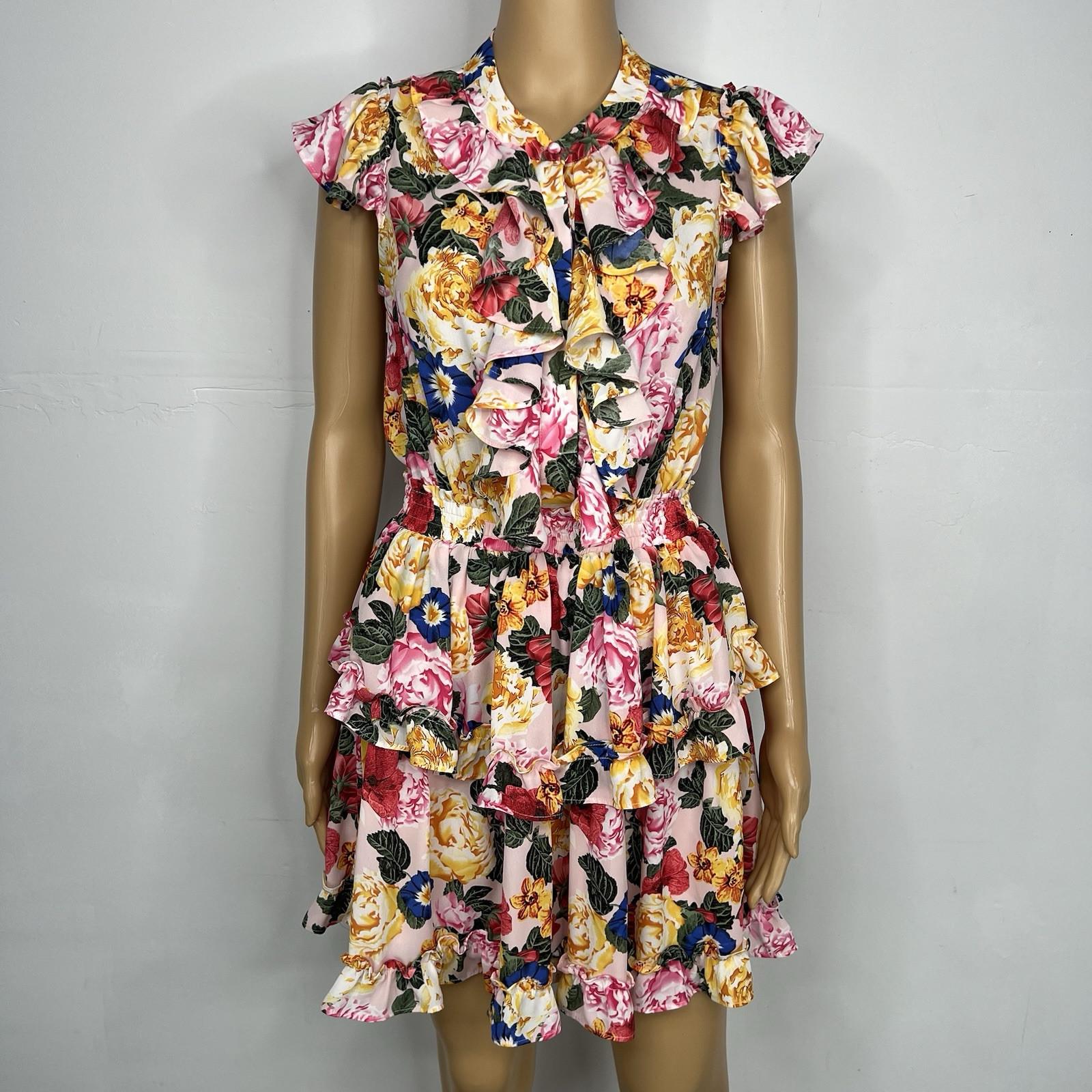 BuddyLove Mini Dress S Multi Ruffle Smocked Waist Floral Tiered Swing Prairie
