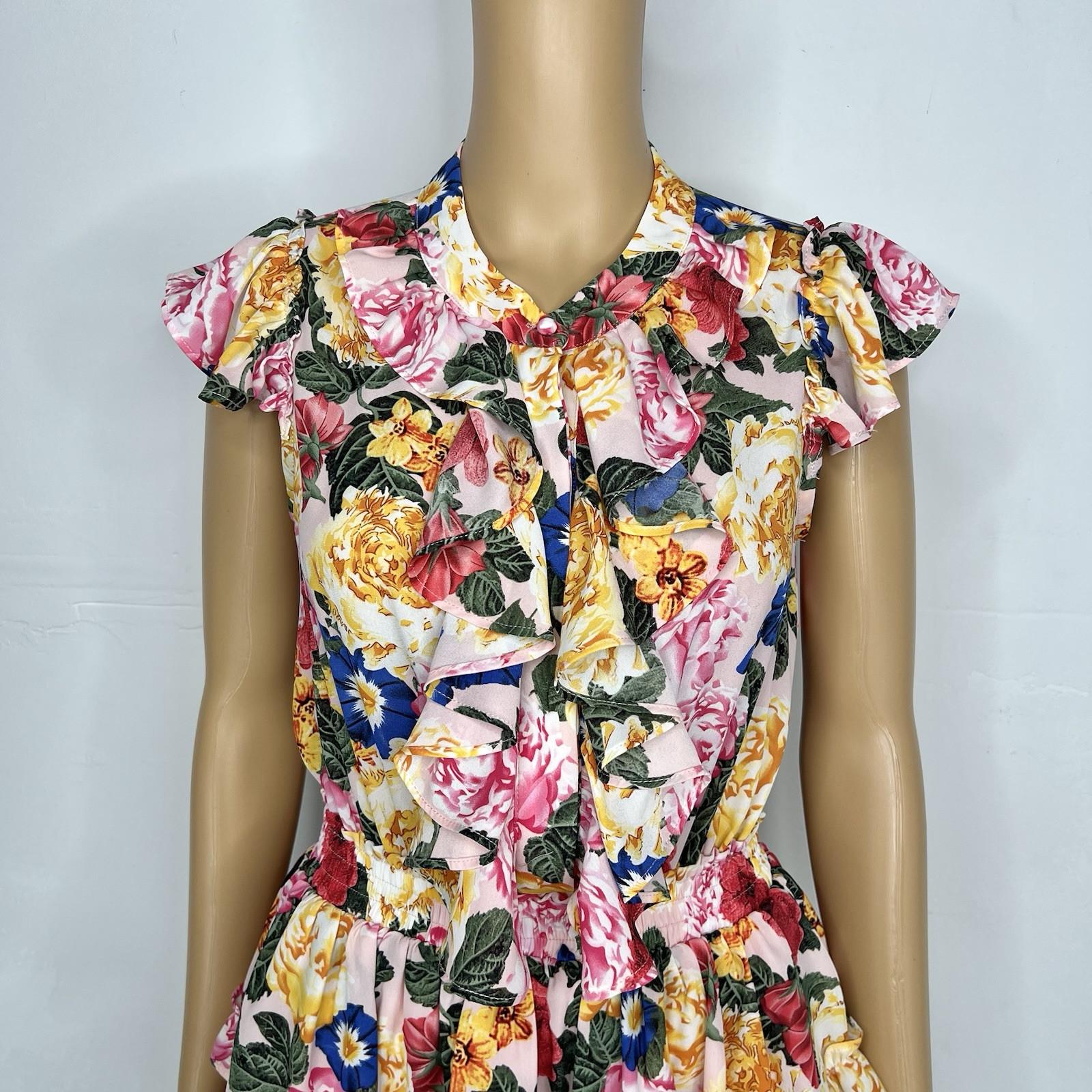 BuddyLove Mini Dress S Multi Ruffle Smocked Waist Floral Tiered Swing Prairie
