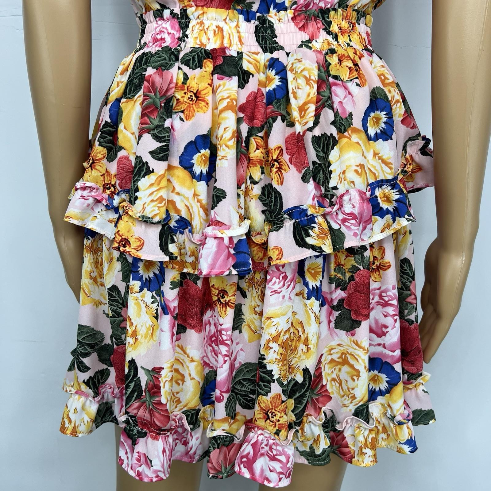 BuddyLove Mini Dress S Multi Ruffle Smocked Waist Floral Tiered Swing Prairie