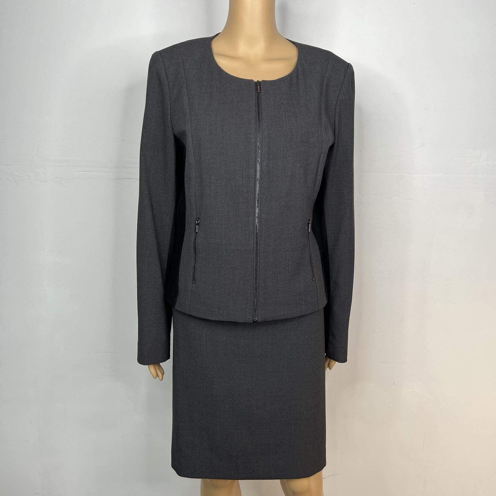 Calvin Klein Polyester Blend Skirt 10 Suit 12 Gray Career Zip Up 2PC Stretch