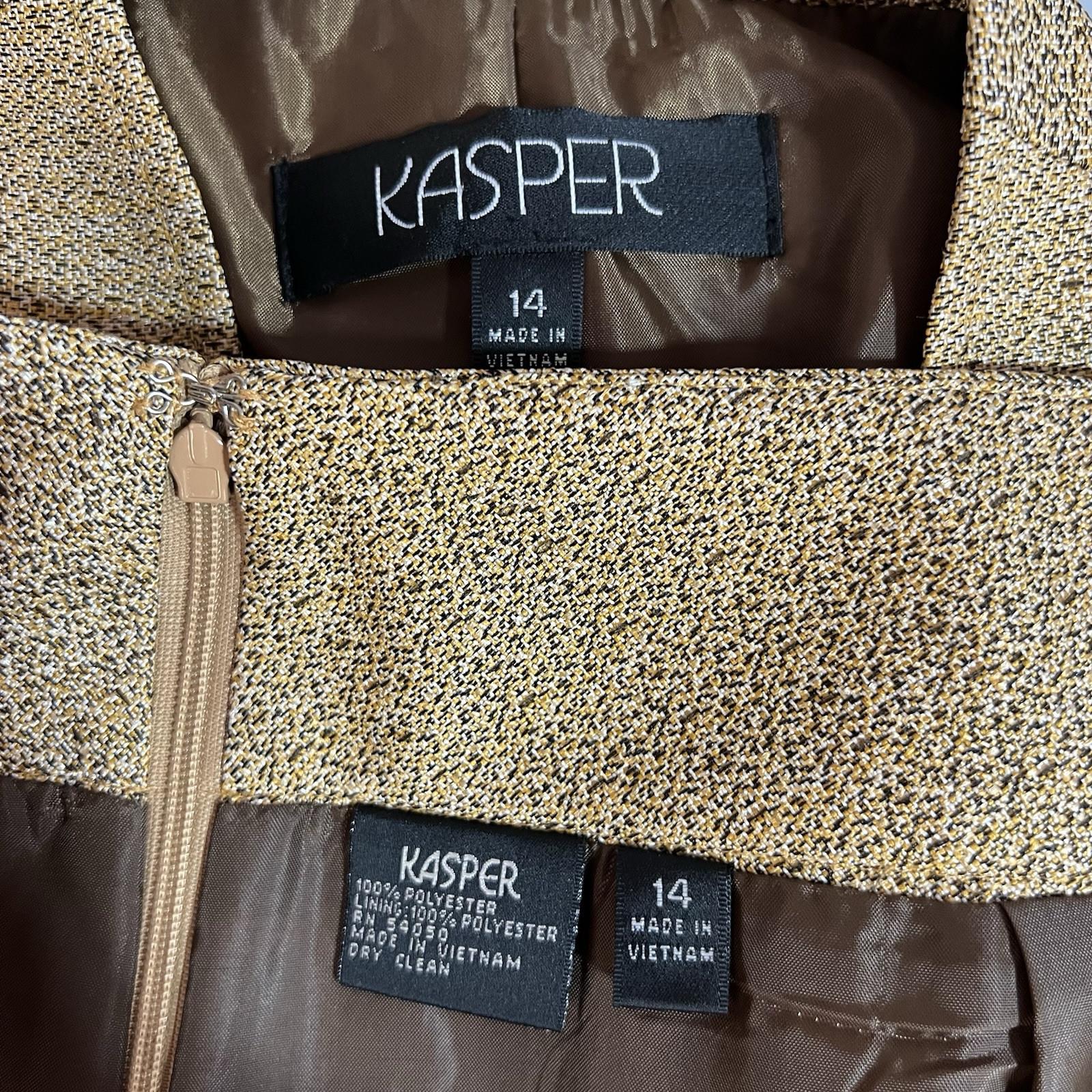 Kasper Fair Lakes Skirt Suit Size 14 Mustard Multi Collared Classic Timeless 2PC