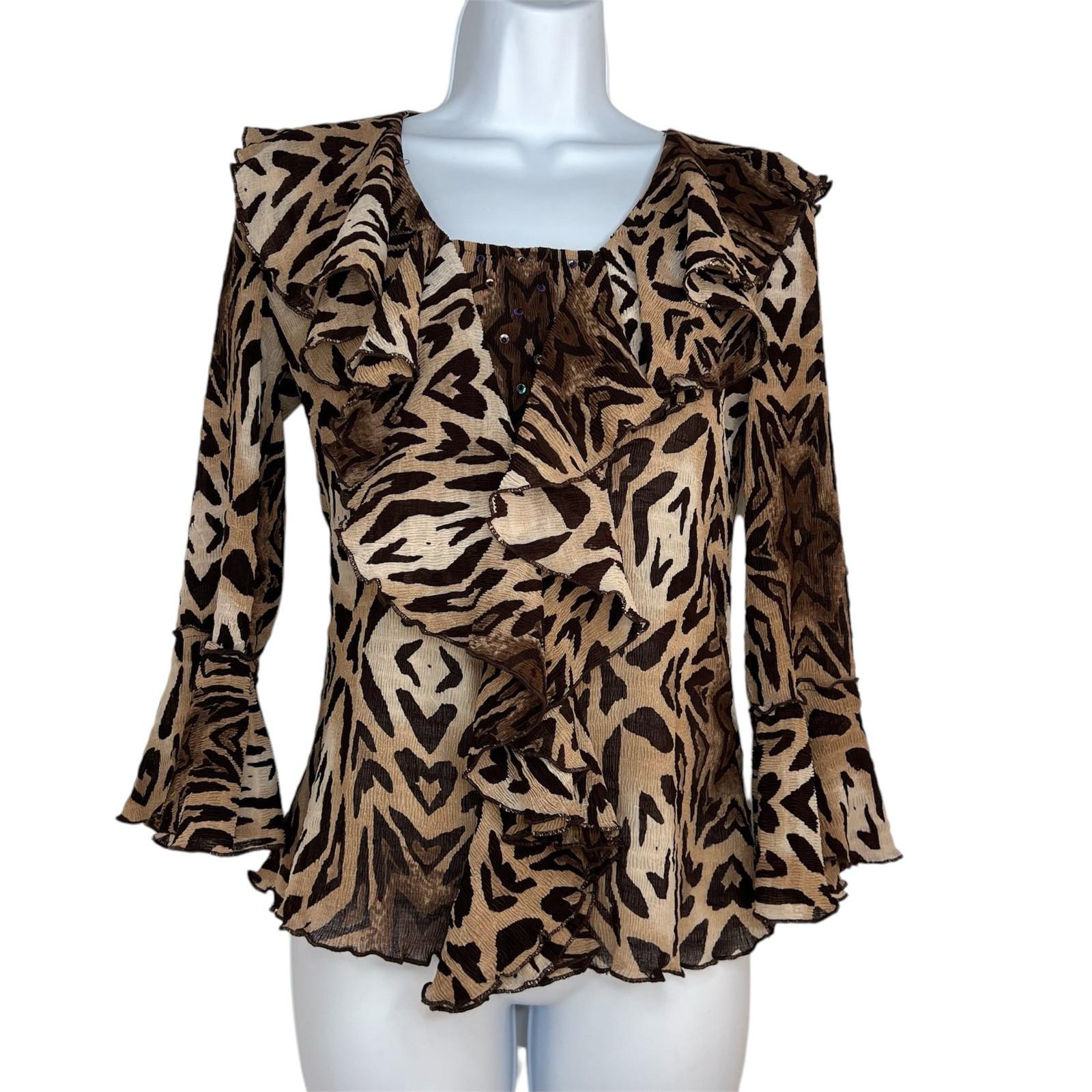 Alberto Makali Crinkle Animal Print Blouse S Stretch Babydoll Bell Sleeve Ruffle