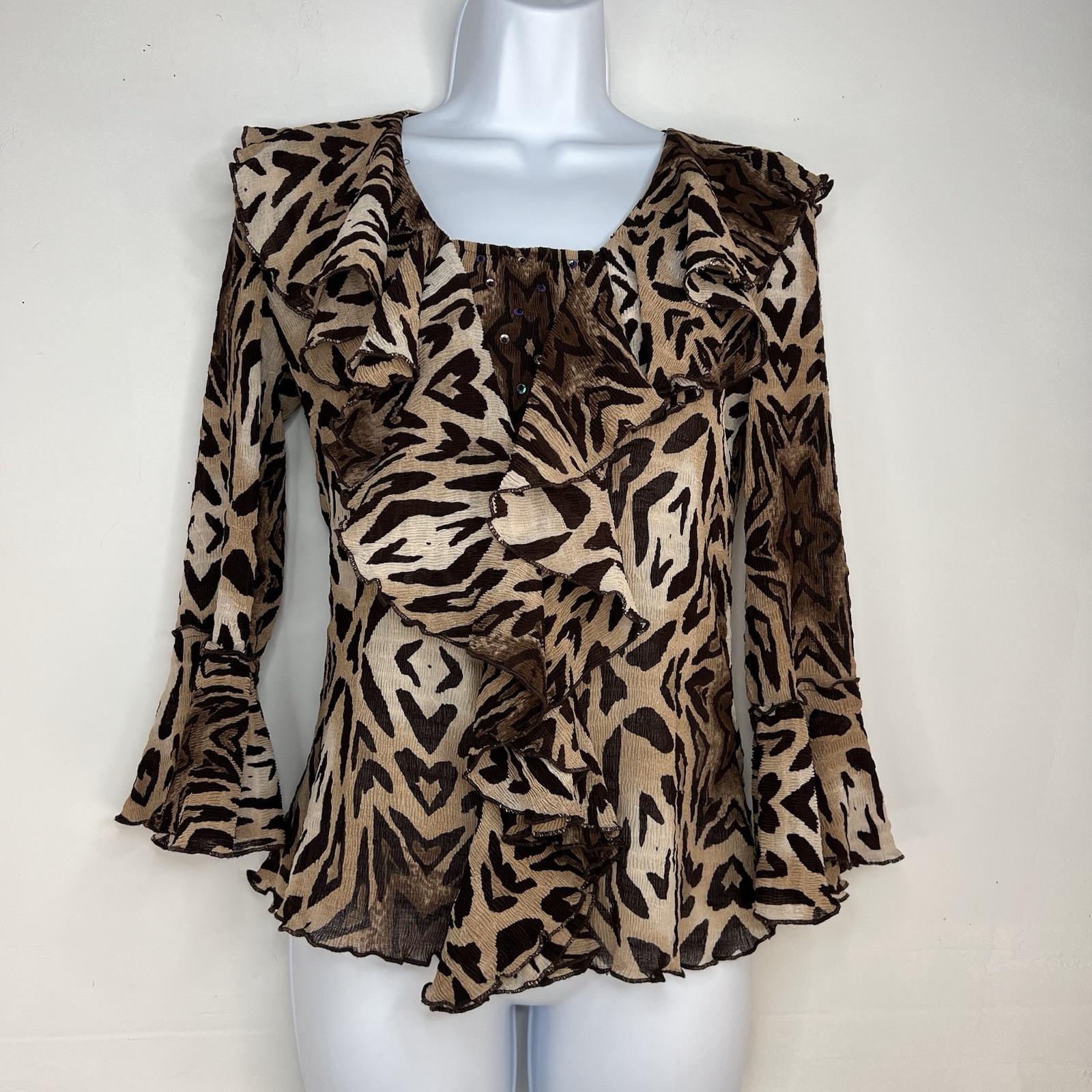Alberto Makali Crinkle Animal Print Blouse S Stretch Babydoll Bell Sleeve Ruffle