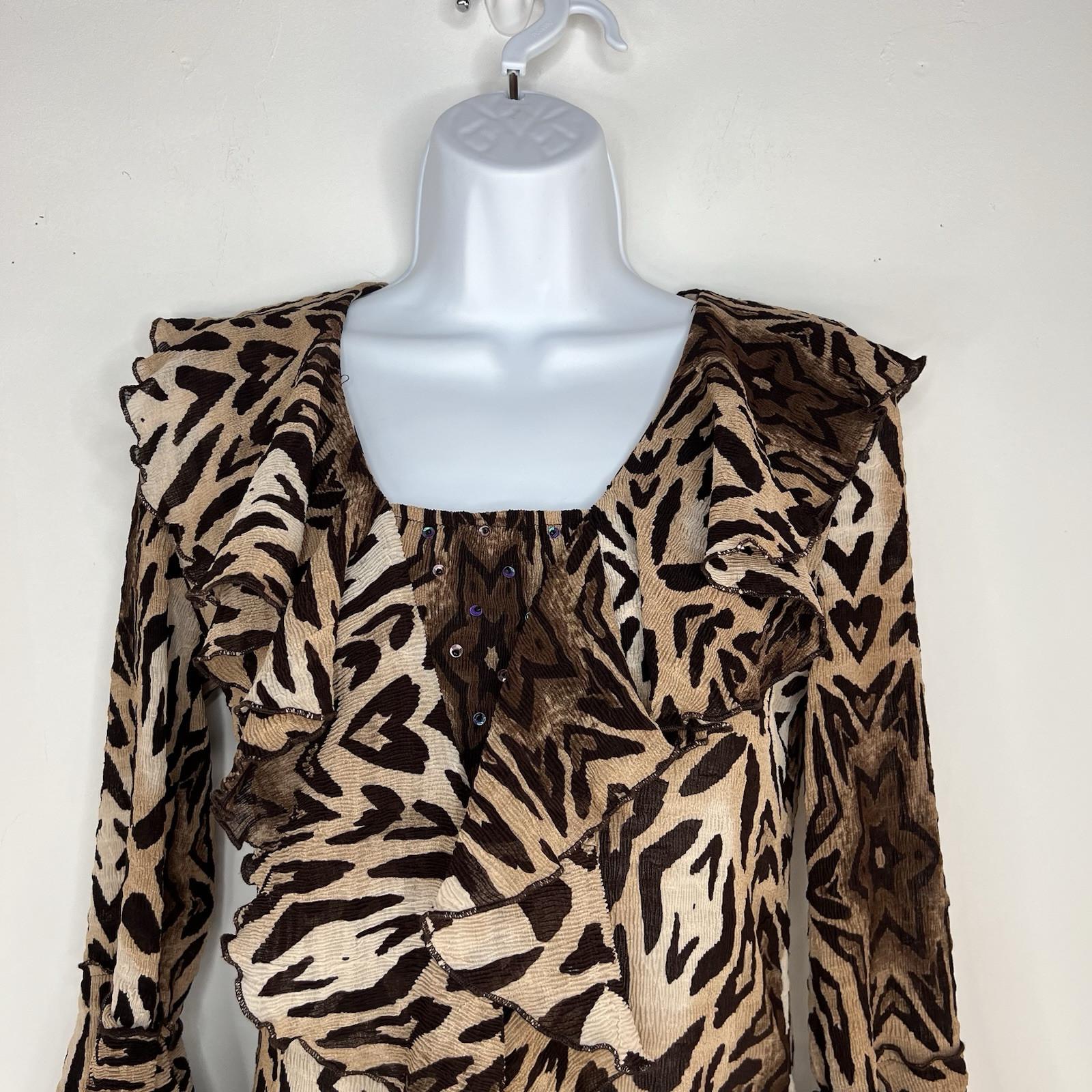 Alberto Makali Crinkle Animal Print Blouse S Stretch Babydoll Bell Sleeve Ruffle