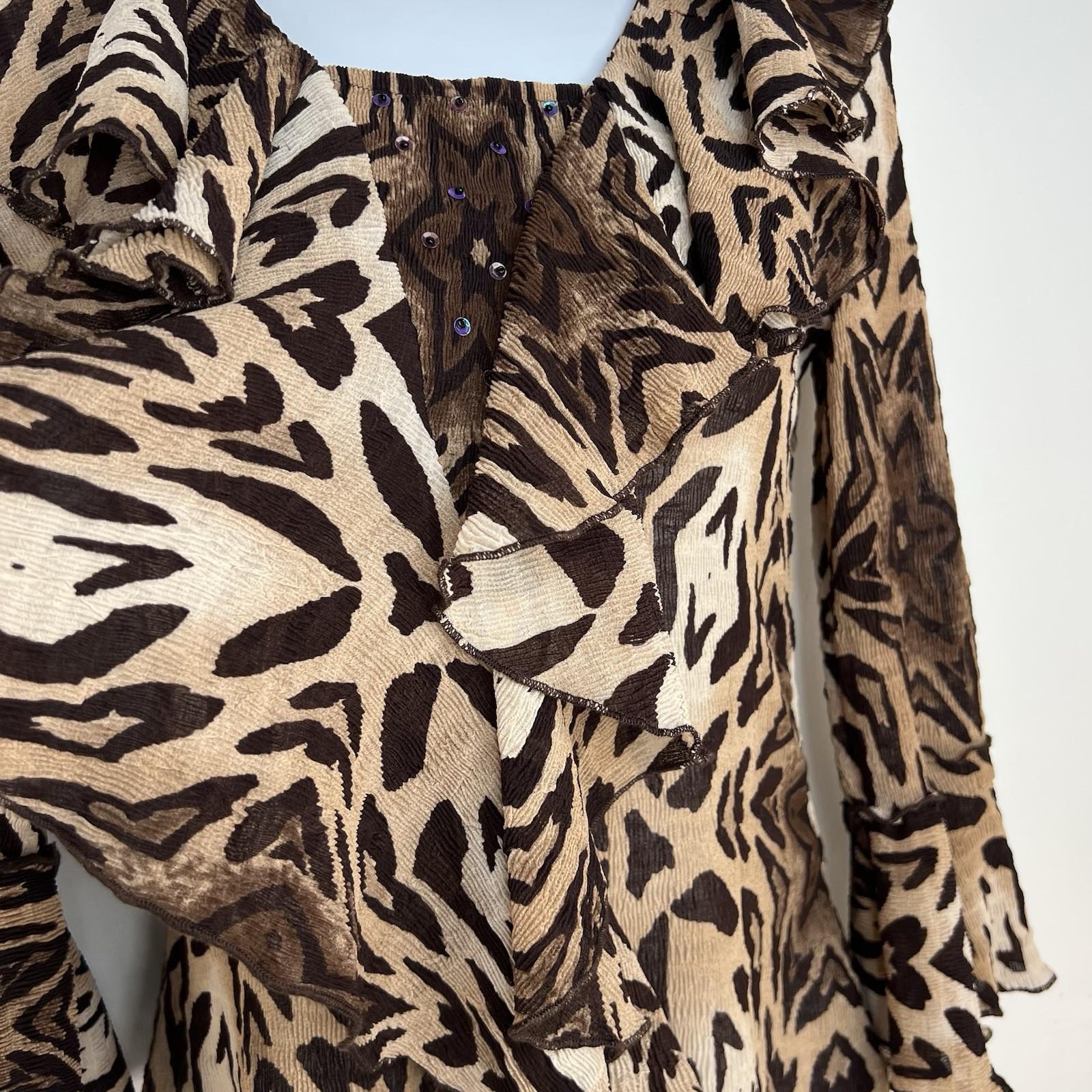 Alberto Makali Crinkle Animal Print Blouse S Stretch Babydoll Bell Sleeve Ruffle