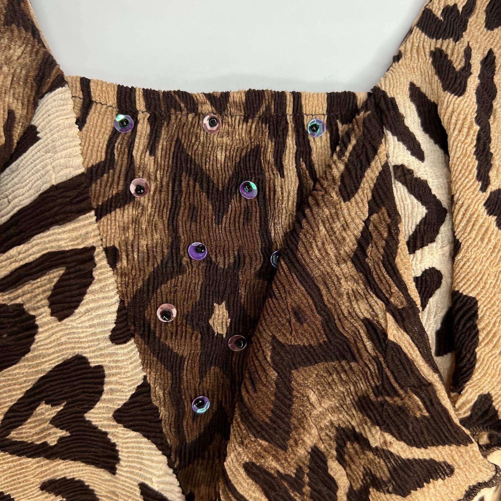 Alberto Makali Crinkle Animal Print Blouse S Stretch Babydoll Bell Sleeve Ruffle