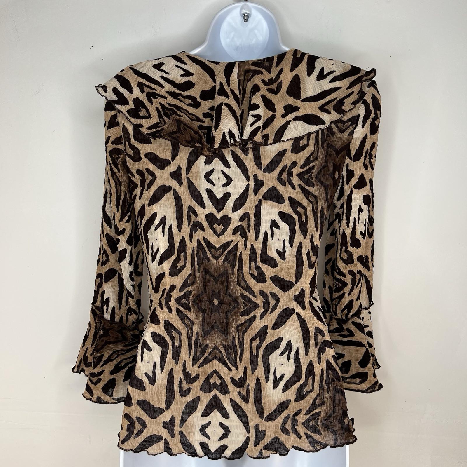 Alberto Makali Crinkle Animal Print Blouse S Stretch Babydoll Bell Sleeve Ruffle