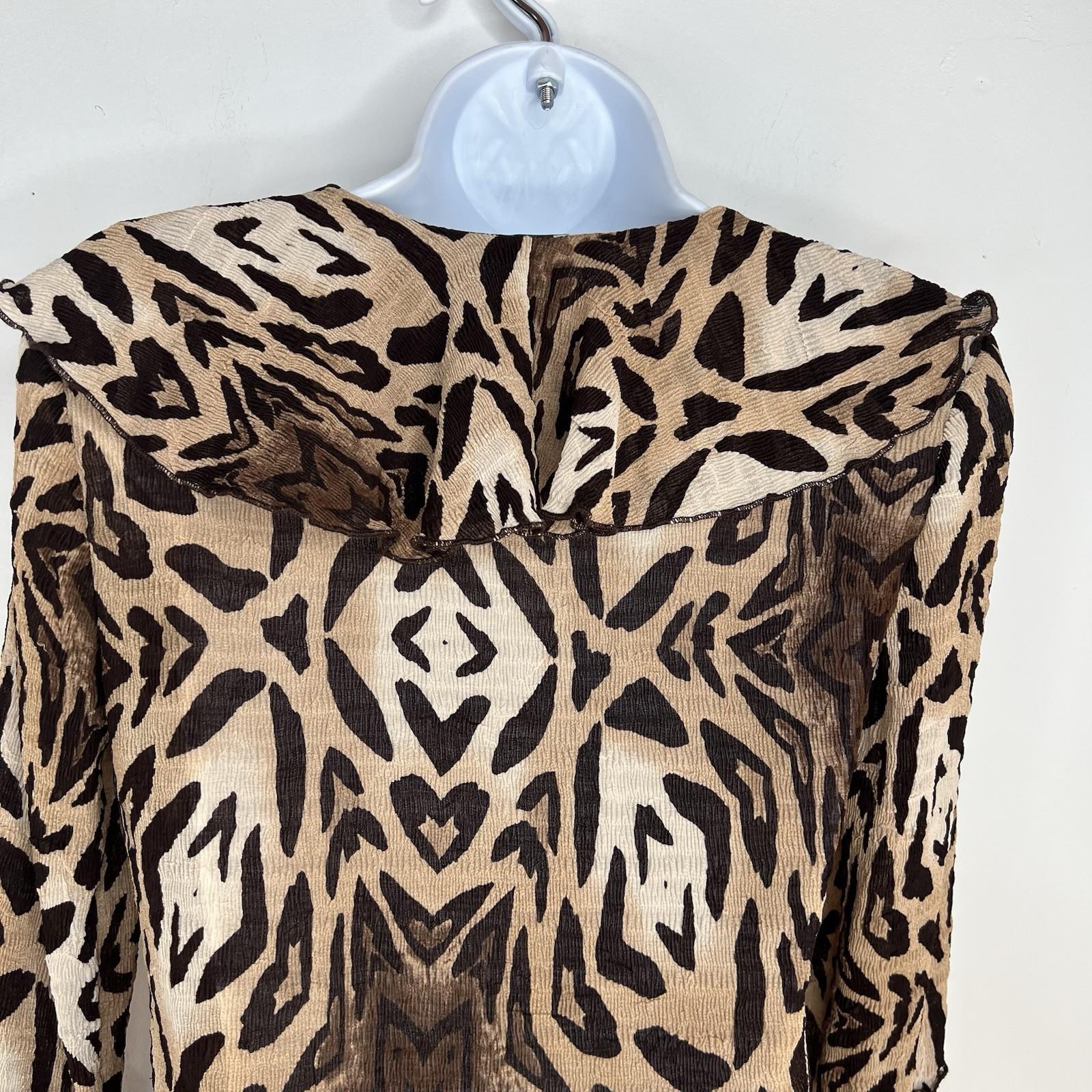 Alberto Makali Crinkle Animal Print Blouse S Stretch Babydoll Bell Sleeve Ruffle