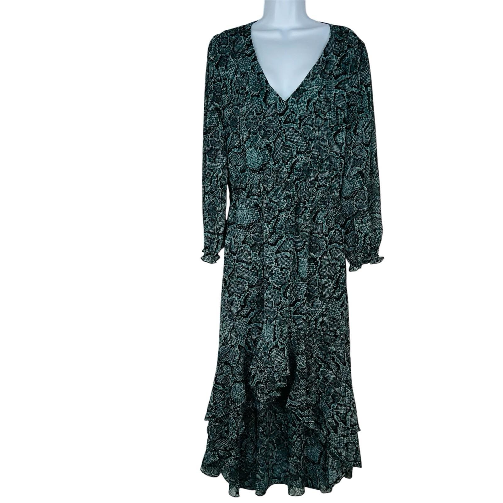 1 State Maxi Dress M Smocked Waist Green Floral Boho Ruffle High Low Long Sleeve
