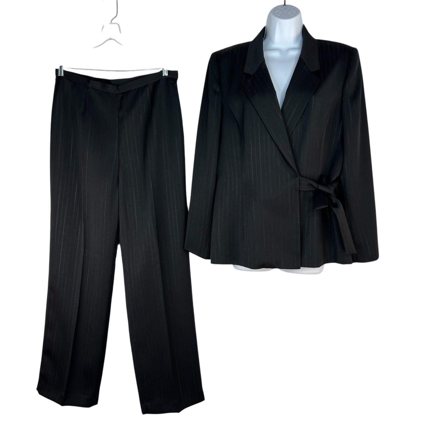 Le Suit Polyester Pant Suit 14 Black Striped Wrap Belted Business Career 2PC