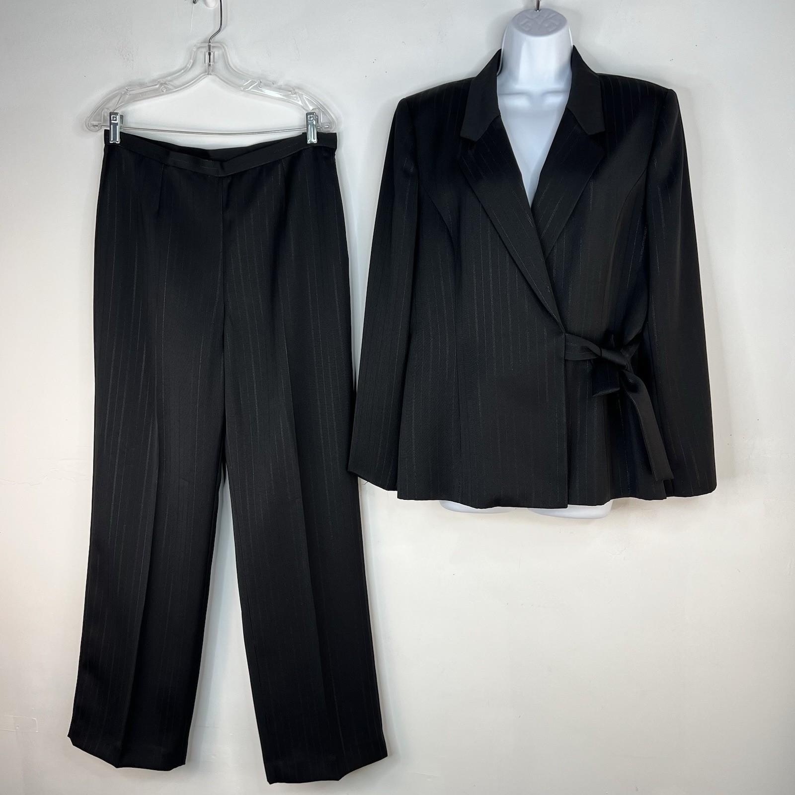 Le Suit Polyester Pant Suit 14 Black Striped Wrap Belted Business Career 2PC