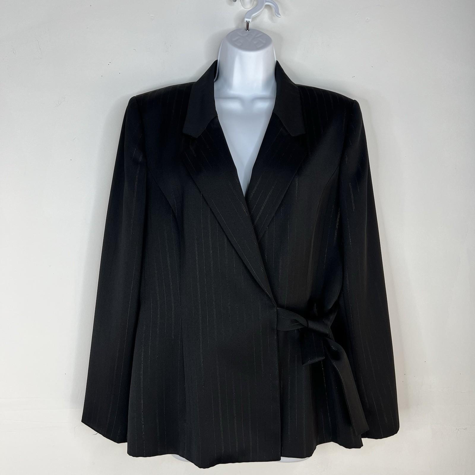 Le Suit Polyester Pant Suit 14 Black Striped Wrap Belted Business Career 2PC