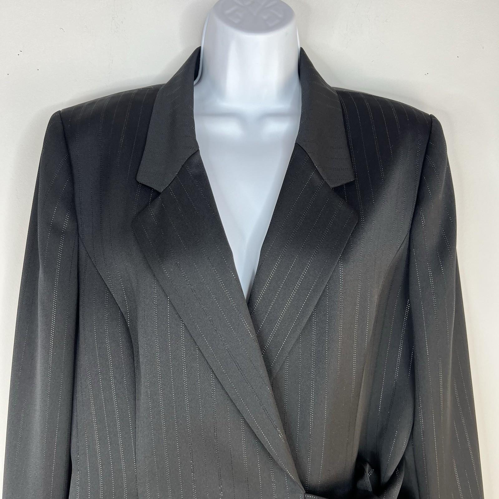 Le Suit Polyester Pant Suit 14 Black Striped Wrap Belted Business Career 2PC
