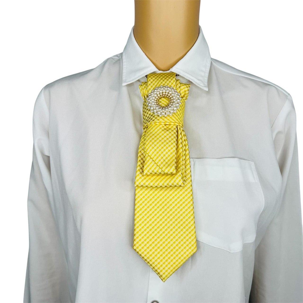 Yellow Elegant Handcrafted Necktie Necklace with a Detachable Brooch Effortlessly Chic