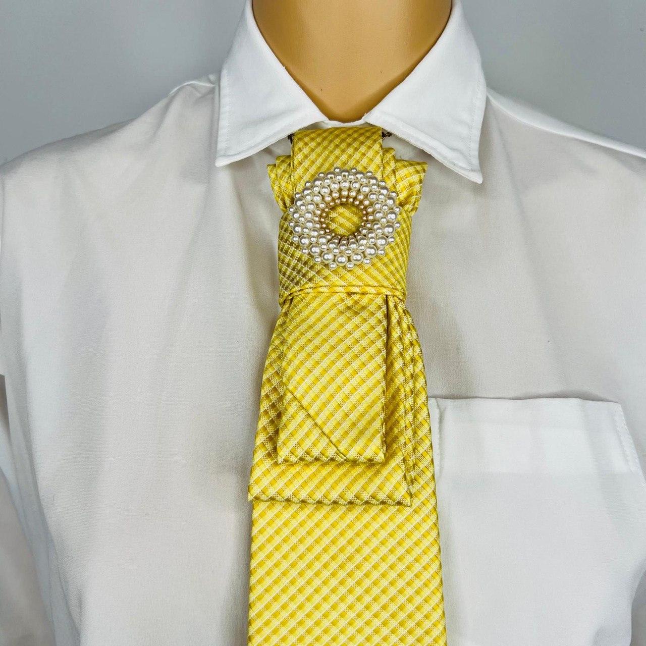Yellow Elegant Handcrafted Necktie Necklace with a Detachable Brooch Effortlessly Chic
