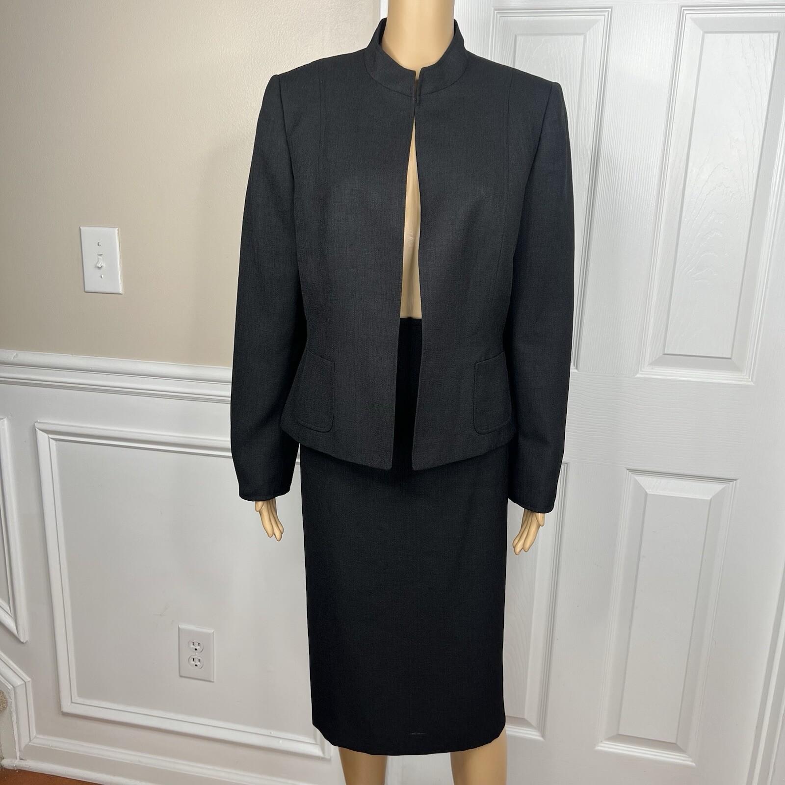 Tahari ASL Polyester Skirt Suit 12 Black Stand Collar Lined Career Cocktail 2PC