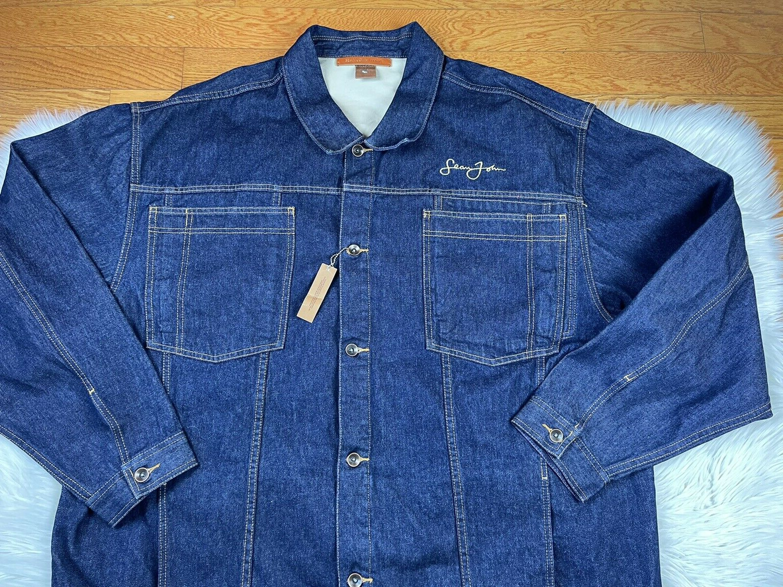 Sean John Men Cotton Denim Jeans Jacket Size 6XB Blue Button Up Collared Hip Hop