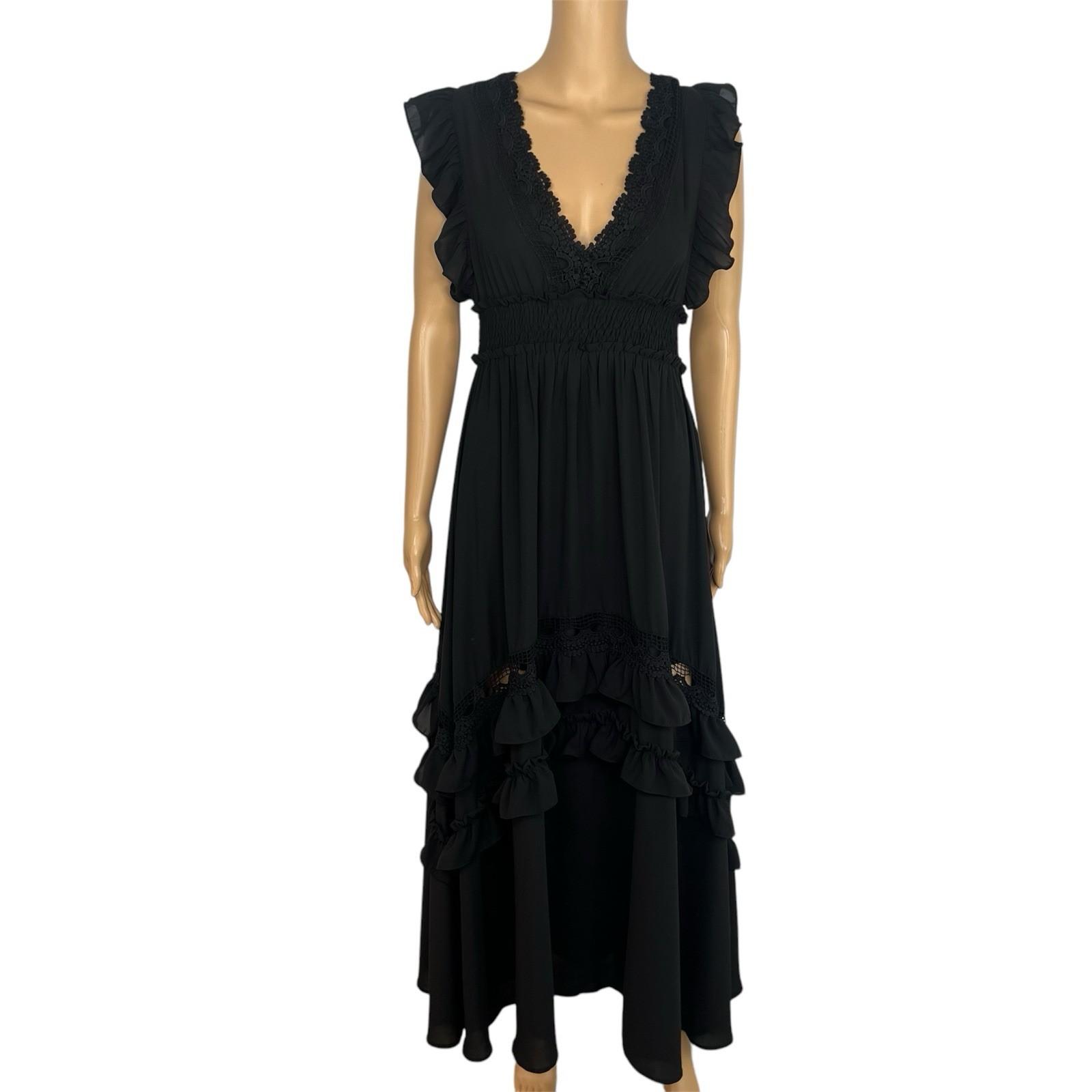 Baltic Born Tiered Ruffle Smocked Maxi Dress M Black Gothic Romantic Stretchy