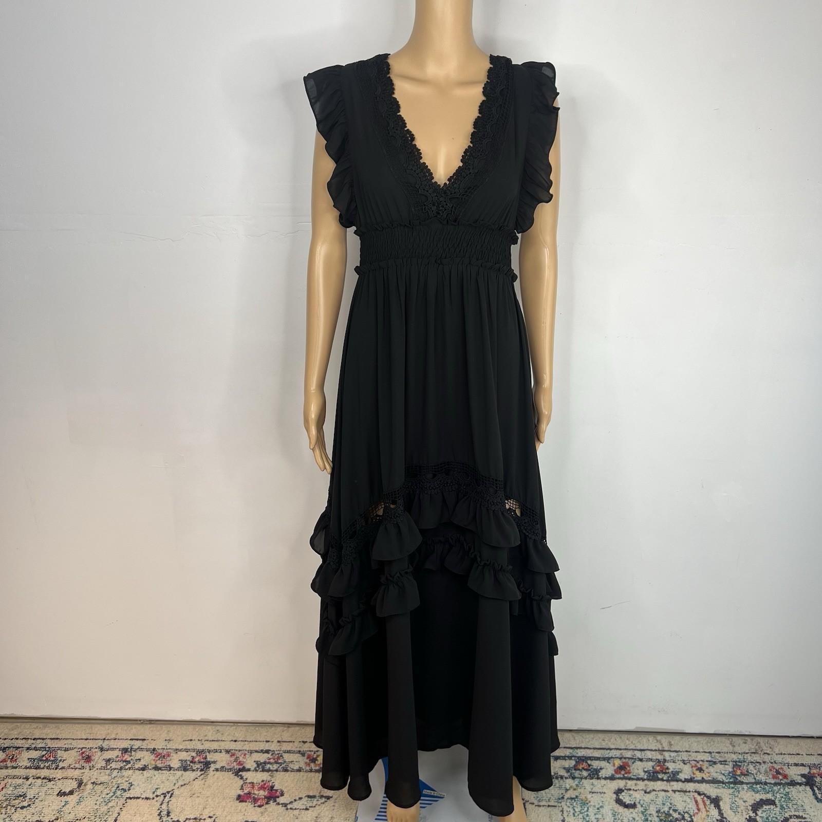 Baltic Born Tiered Ruffle Smocked Maxi Dress M Black Gothic Romantic Stretchy