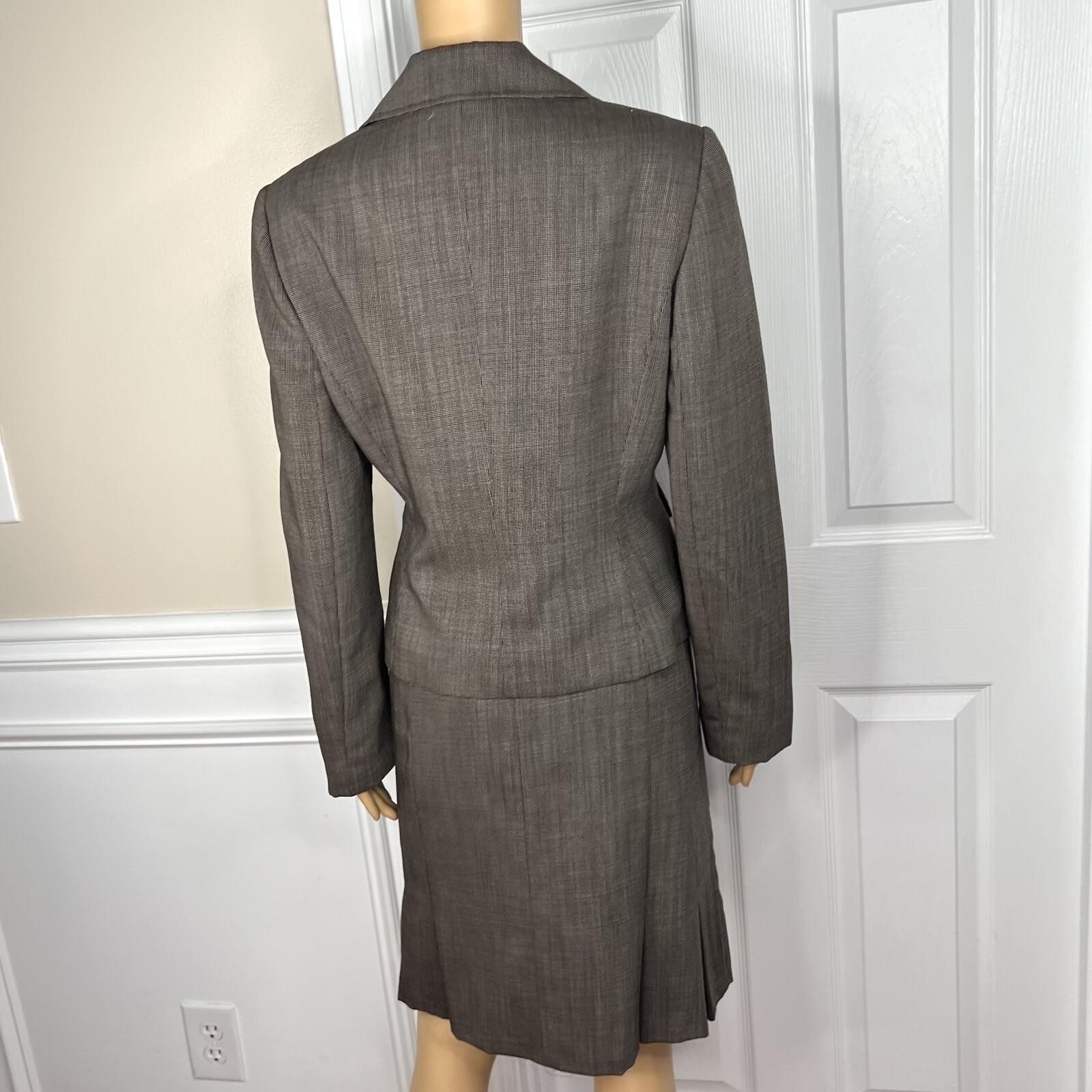 Tahari ASL Polyester Skirt 12 Suit 10 Brown Double Breasted Lined Pleated 2PC