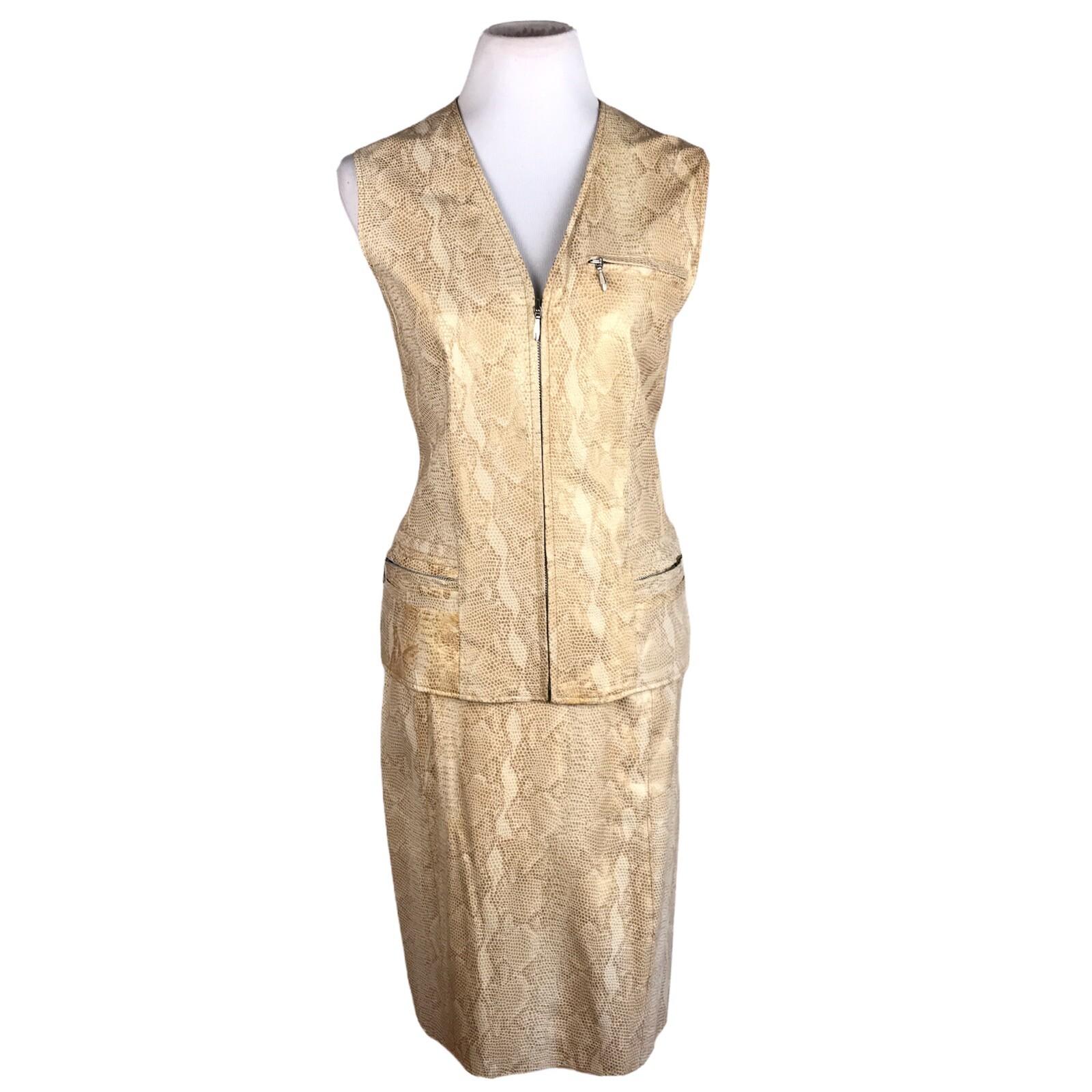 WILSON LEATHER Women 2PC Beige Gold Leather Skirt and Vest Size M