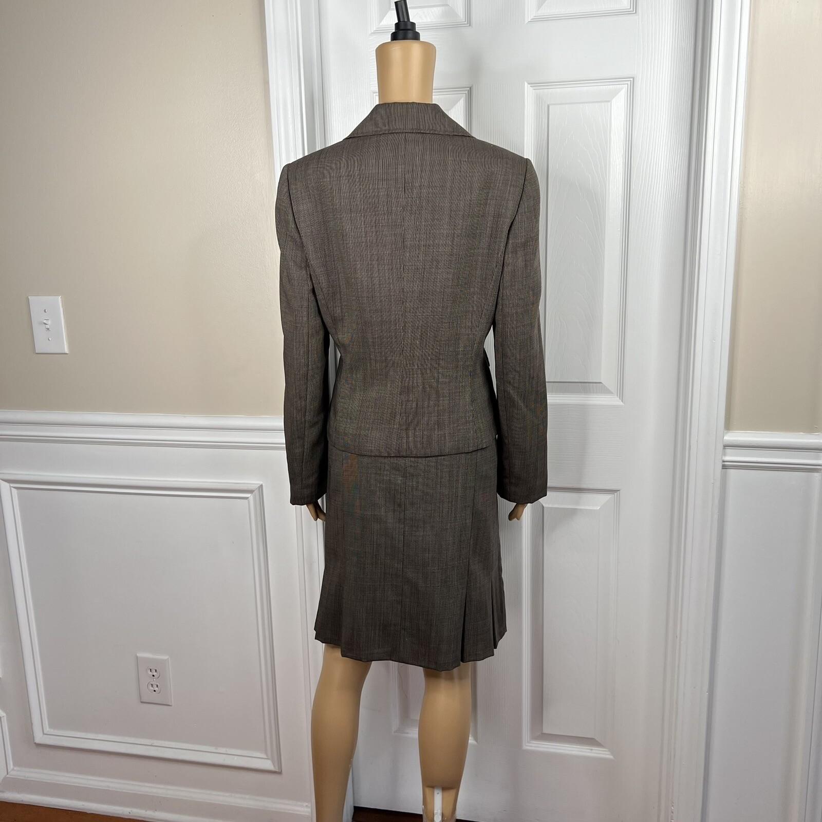 Tahari ASL Polyester Skirt 12 Suit 10 Brown Double Breasted Lined Pleated 2PC