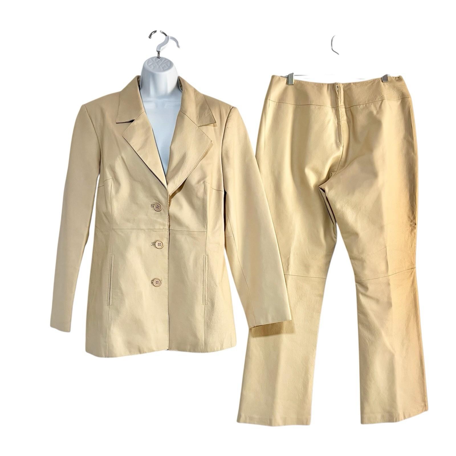 Shape FX Vtg Tan Leather Lined Pant Suit Size 14 Biker Shaping Smoothing Y2K 2PC