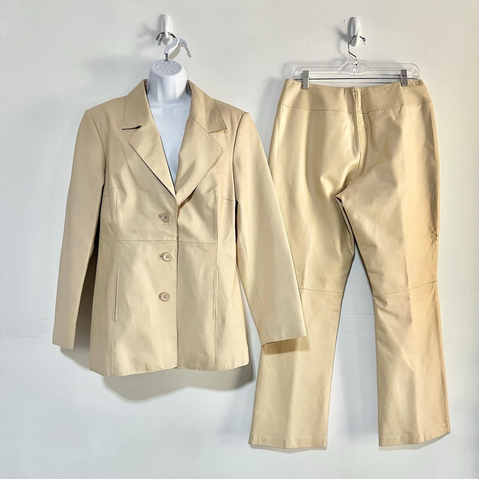Shape FX Vtg Tan Leather Lined Pant Suit Size 14 Biker Shaping Smoothing Y2K 2PC
