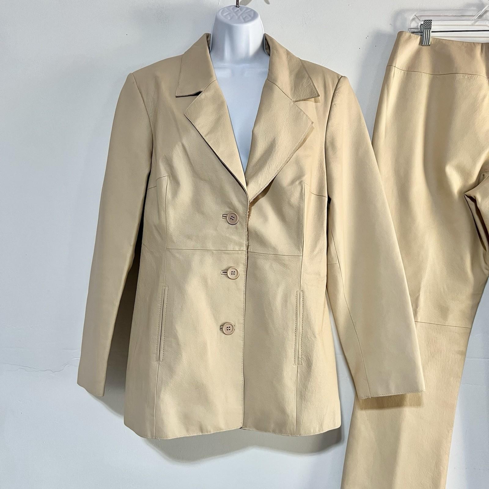 Shape FX Vtg Tan Leather Lined Pant Suit Size 14 Biker Shaping Smoothing Y2K 2PC