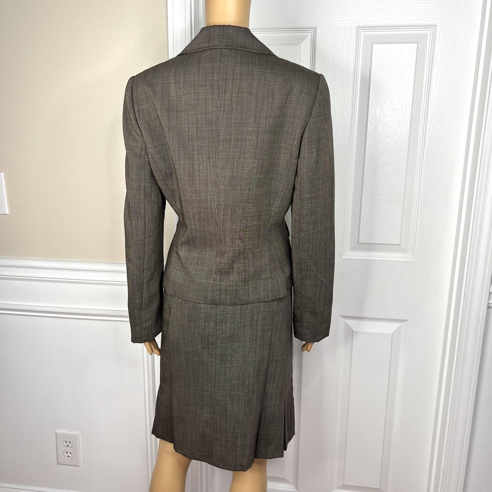 Tahari ASL Polyester Skirt 12 Suit 10 Brown Double Breasted Lined Pleated 2PC
