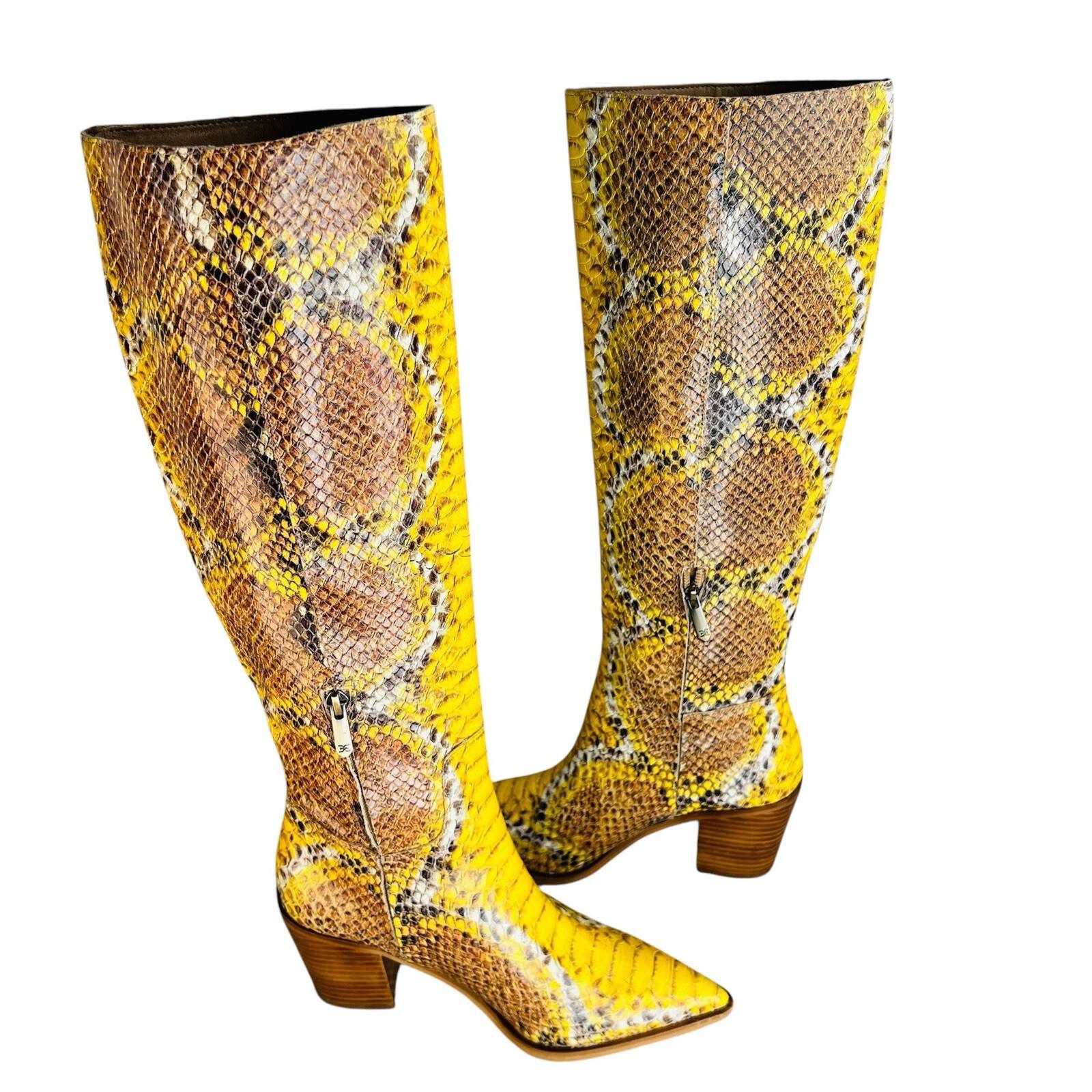 Sam Edelman Lindsey Leather Boots 8.5M Yellow Snakeskin Cowgirl Block Heel Zip