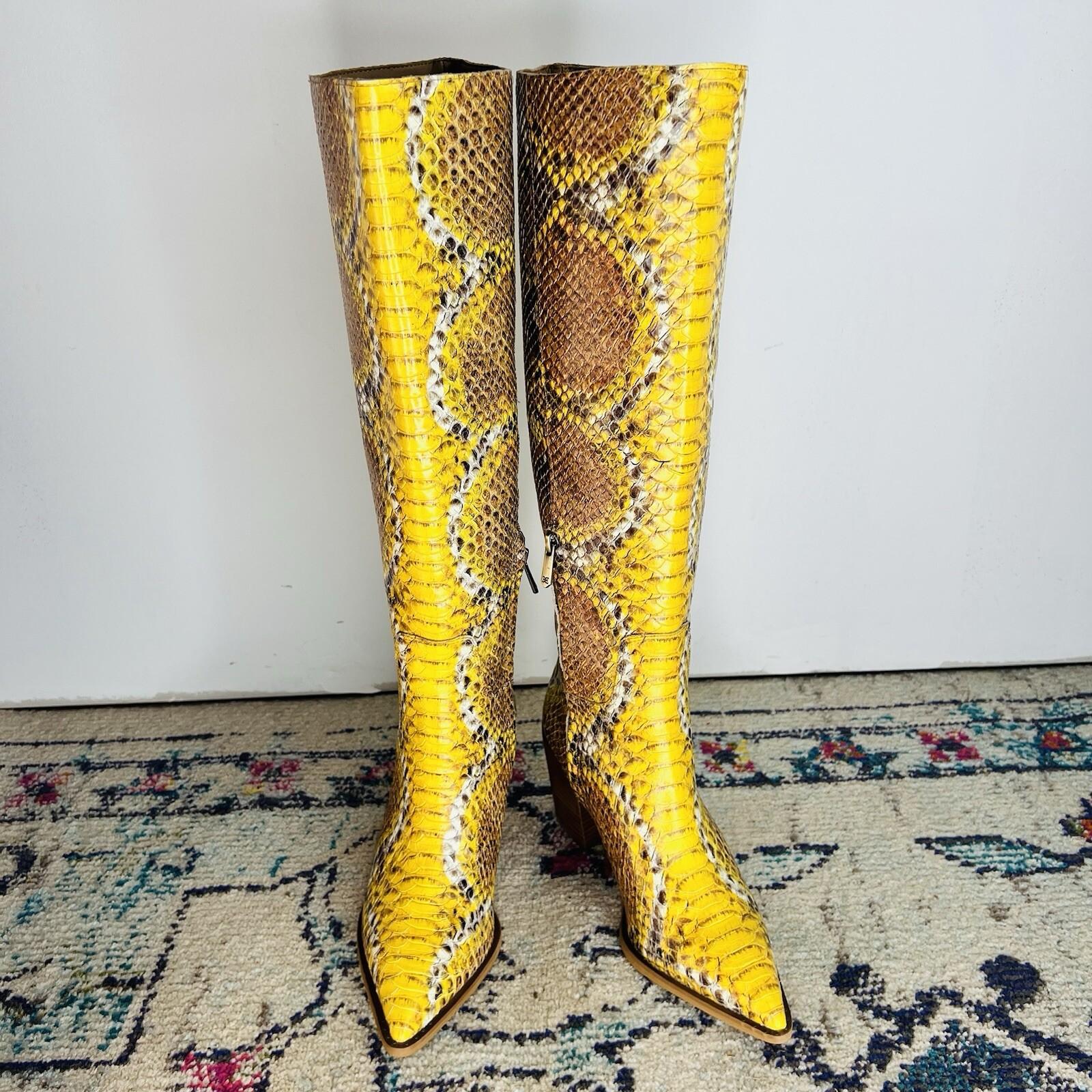Sam Edelman Lindsey Leather Boots 8.5M Yellow Snakeskin Cowgirl Block Heel Zip