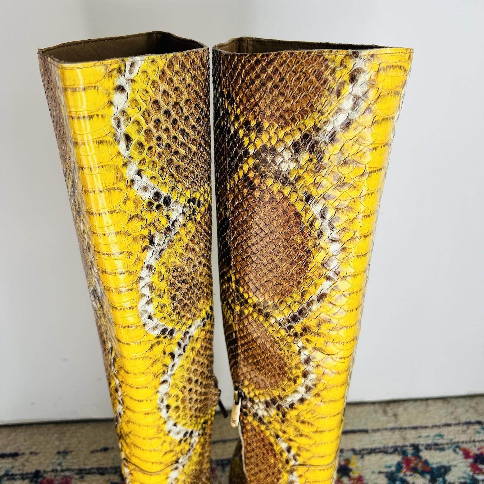 Sam Edelman Lindsey Leather Boots 8.5M Yellow Snakeskin Cowgirl Block Heel Zip
