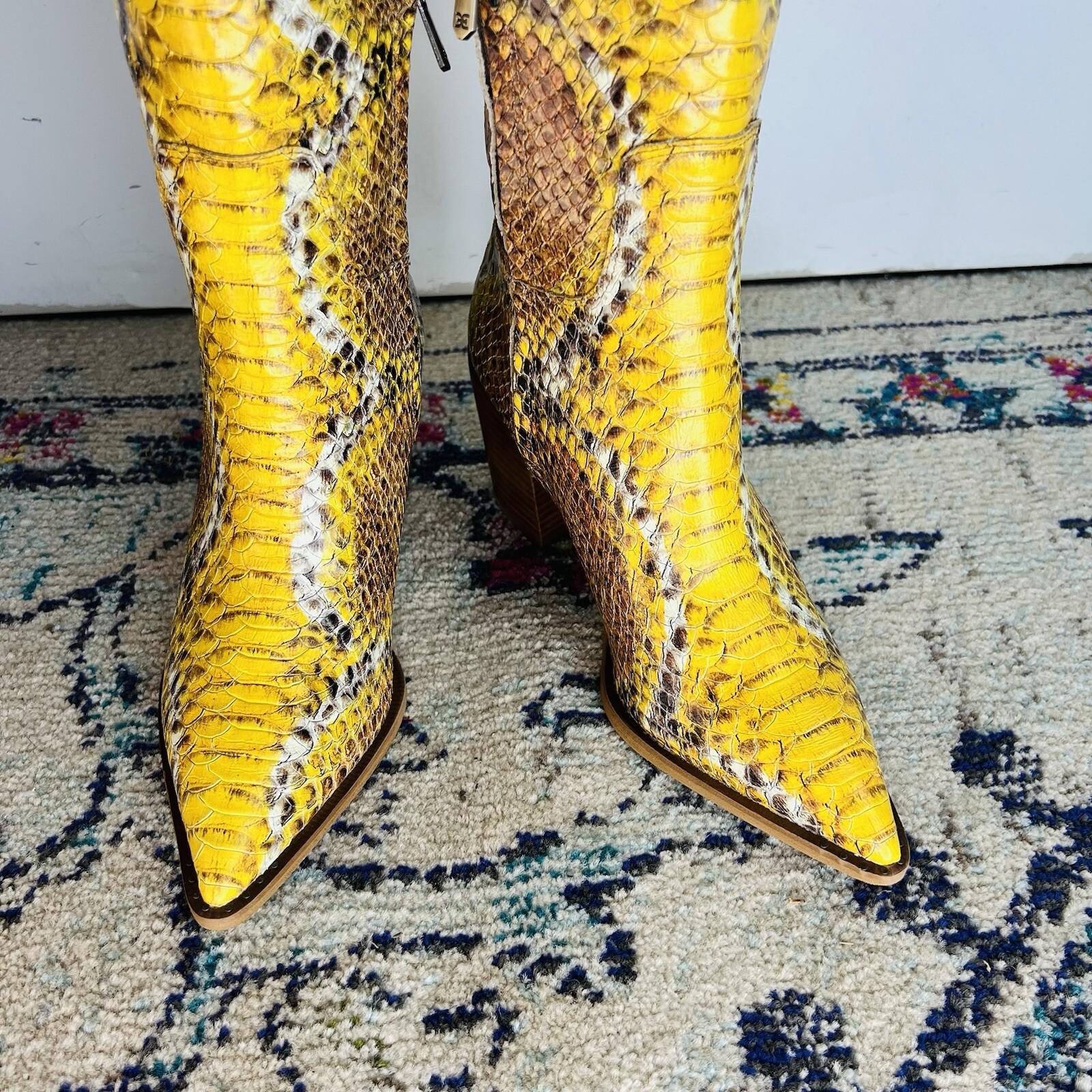 Sam Edelman Lindsey Leather Boots 8.5M Yellow Snakeskin Cowgirl Block Heel Zip