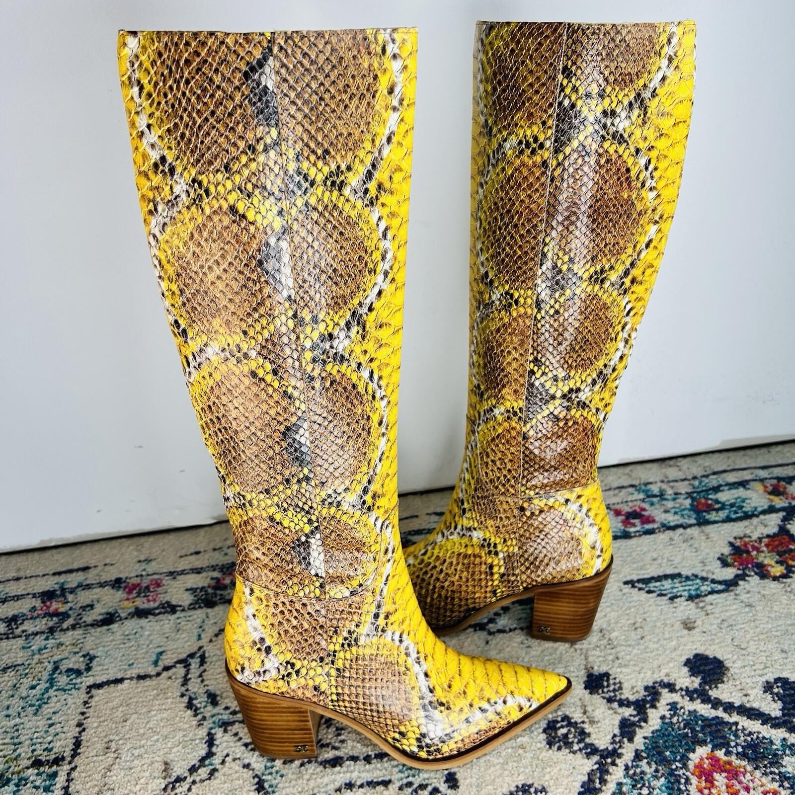 Sam Edelman Lindsey Leather Boots 8.5M Yellow Snakeskin Cowgirl Block Heel Zip