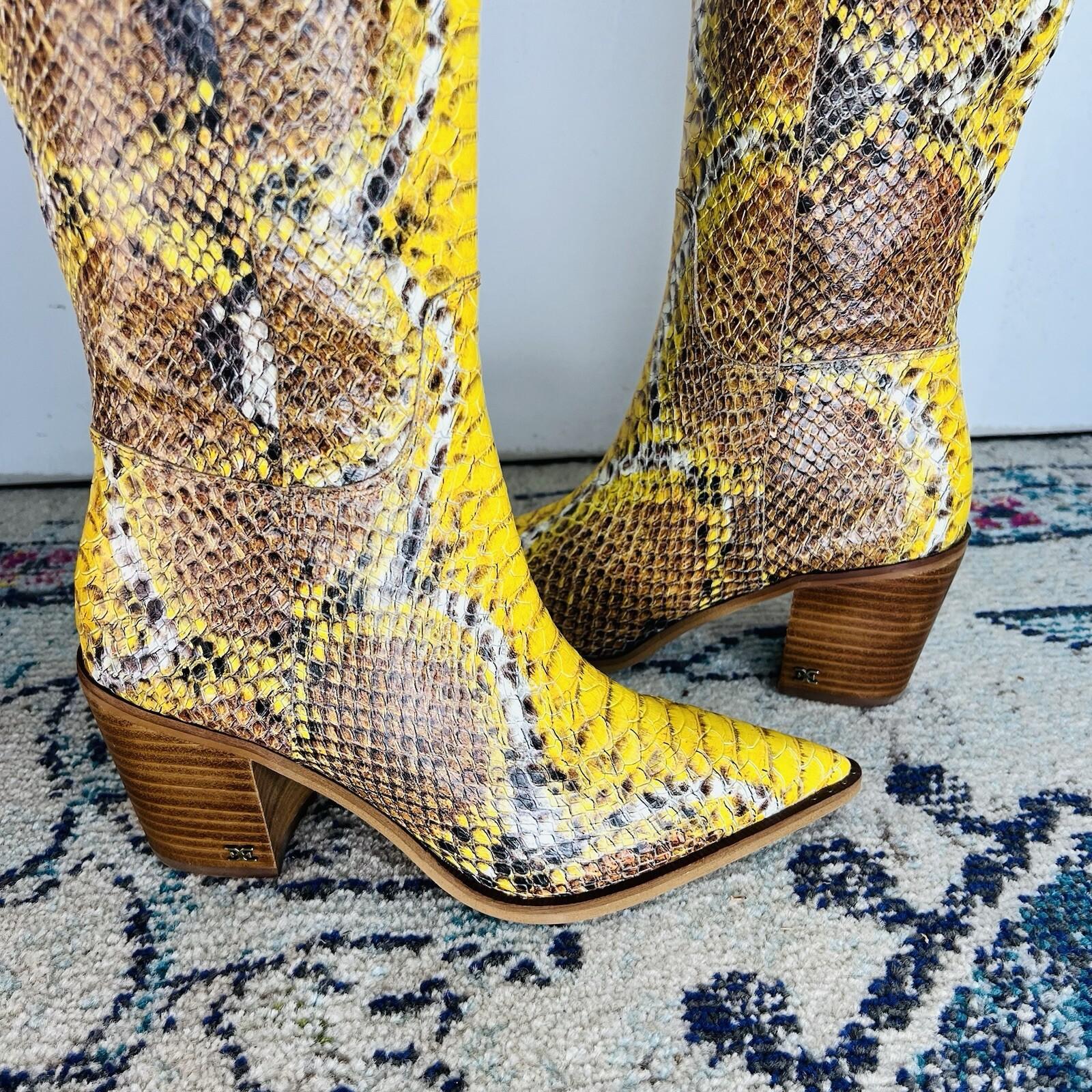 Sam Edelman Lindsey Leather Boots 8.5M Yellow Snakeskin Cowgirl Block Heel Zip