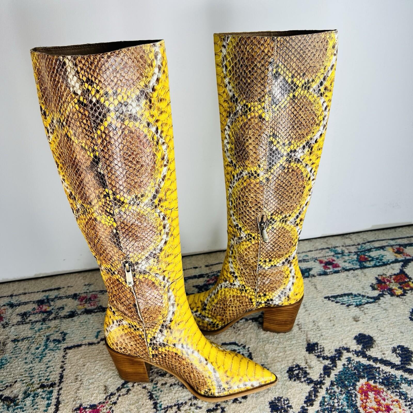 Sam Edelman Lindsey Leather Boots 8.5M Yellow Snakeskin Cowgirl Block Heel Zip