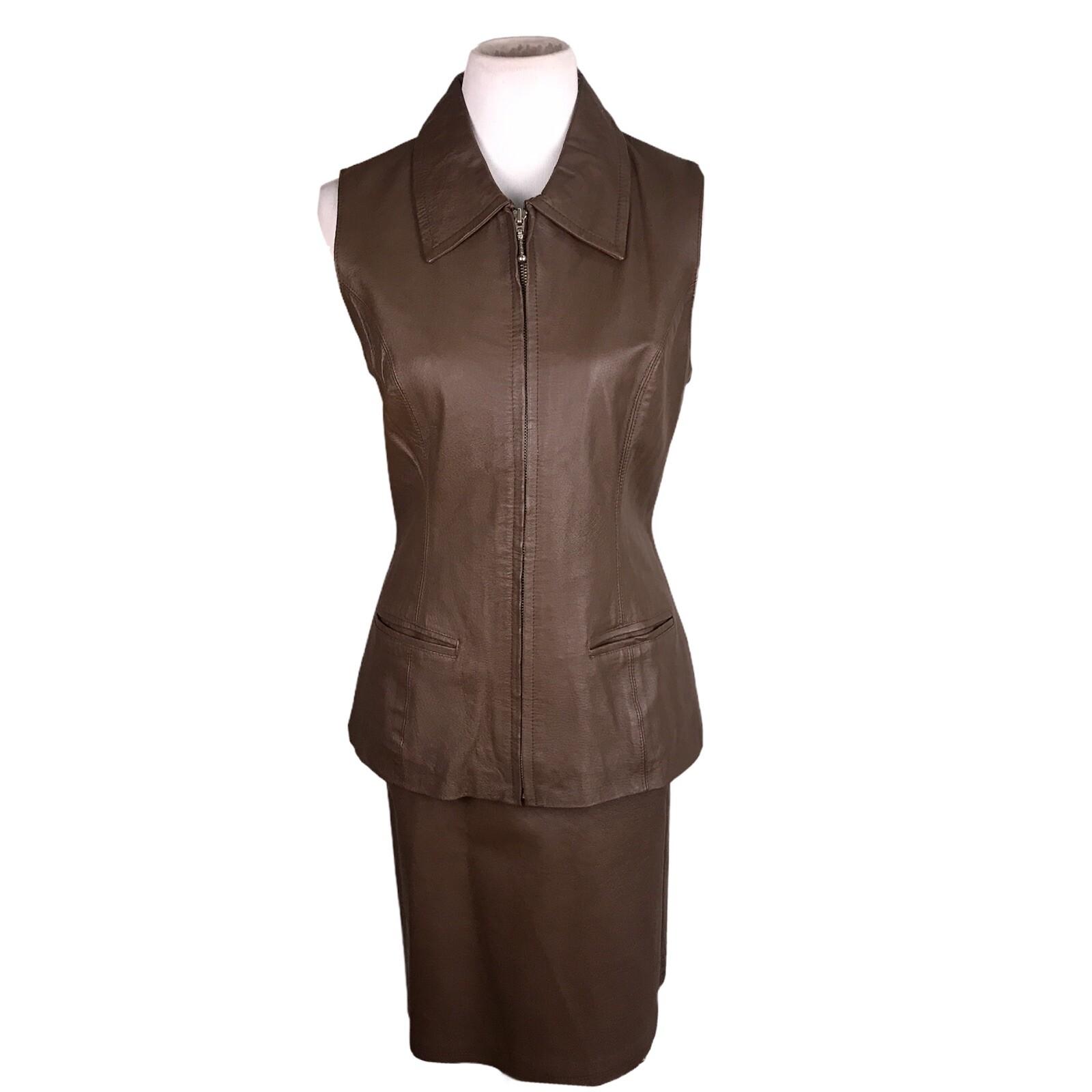 DAVID BENJAMEN Women 2PC Brown Leather Stretch Skirt Size 10 & Vest Size M