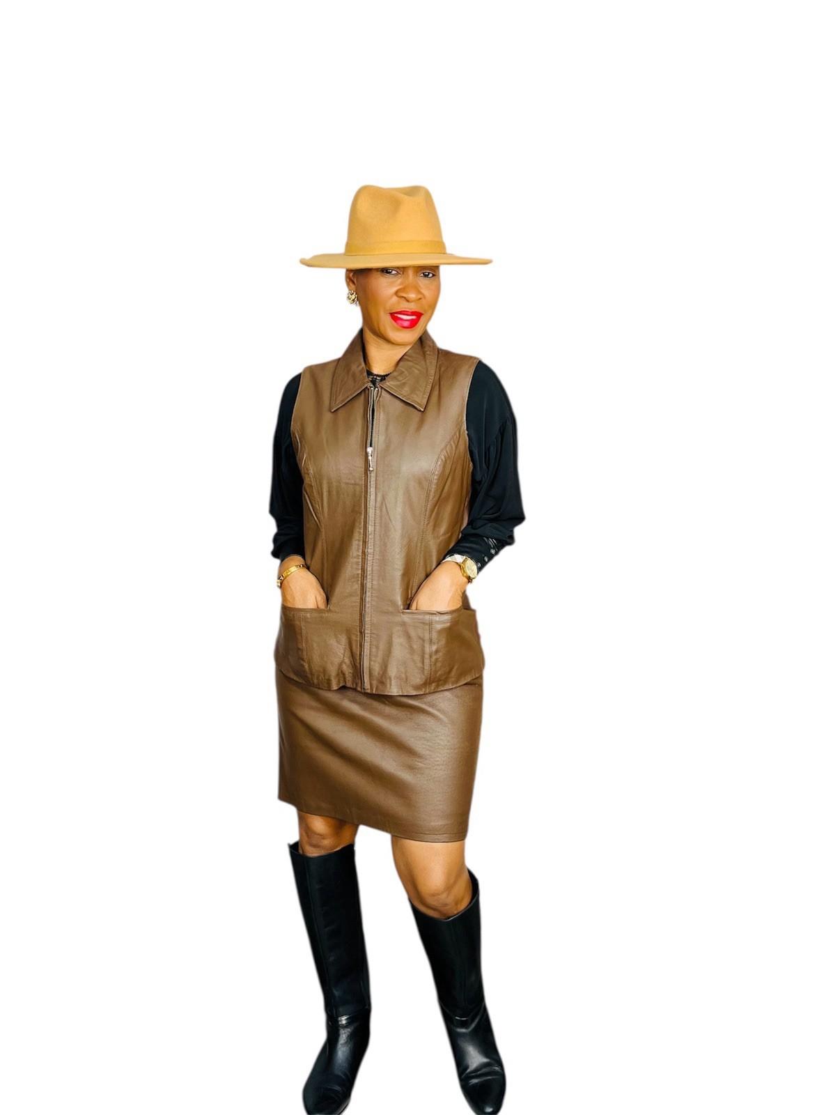 DAVID BENJAMEN Women 2PC Brown Leather Stretch Skirt Size 10 & Vest Size M