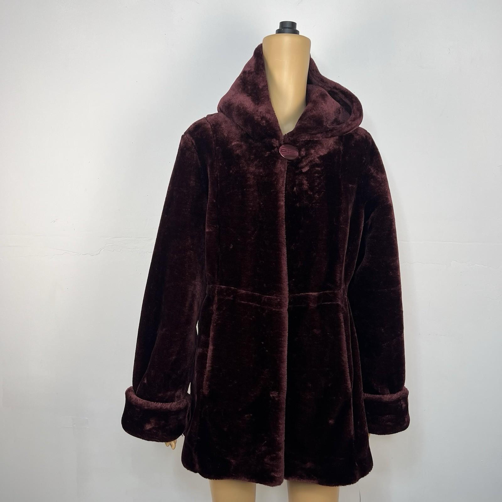 Dennis Basso Women Burgundy Faux Fur Hooded Coat Size S Warm Cozy Comfy