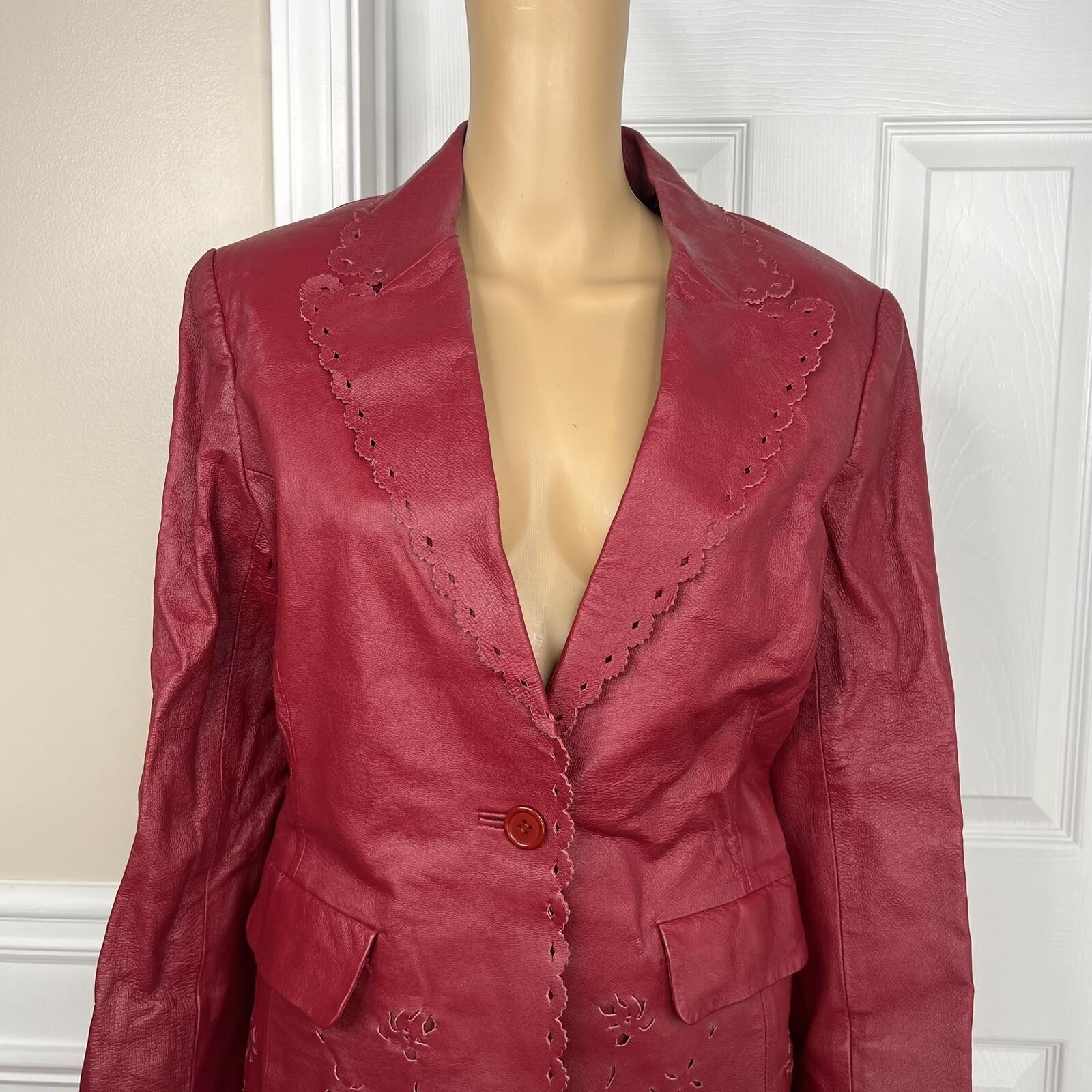 Styleworks Women Leather 2PC Skirt 10 Suit 8 Red Vintage Lined Single Breasted