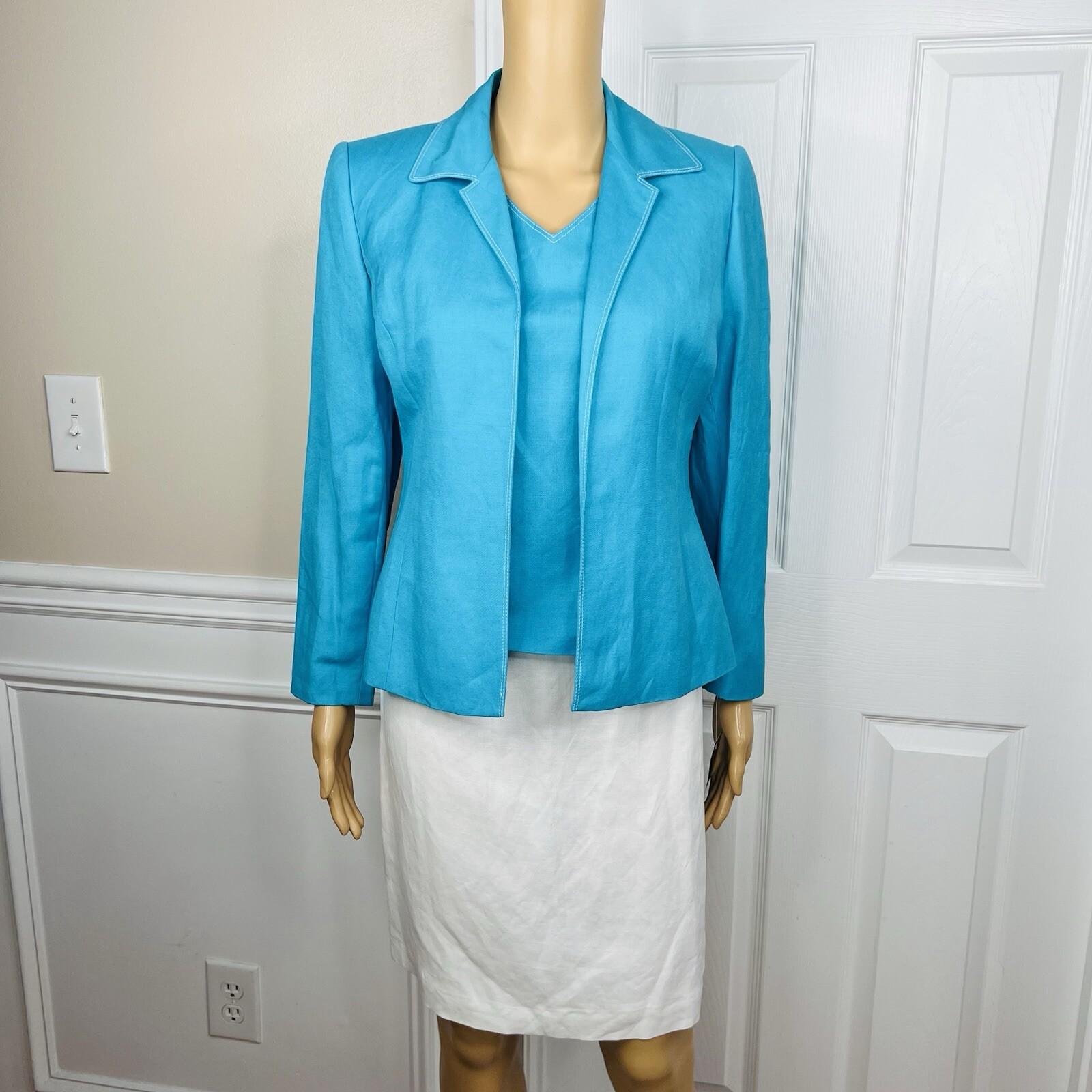 Le Suit Linen Rayon Skirt Suit Top Size 4P Blue White Open Front Lined 3PC New