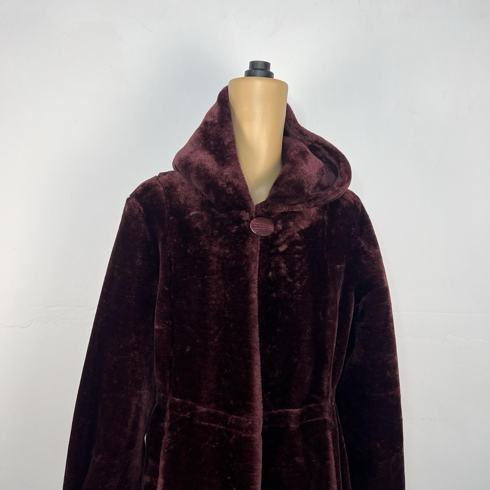 Dennis Basso Women Burgundy Faux Fur Hooded Coat Size S Warm Cozy Comfy
